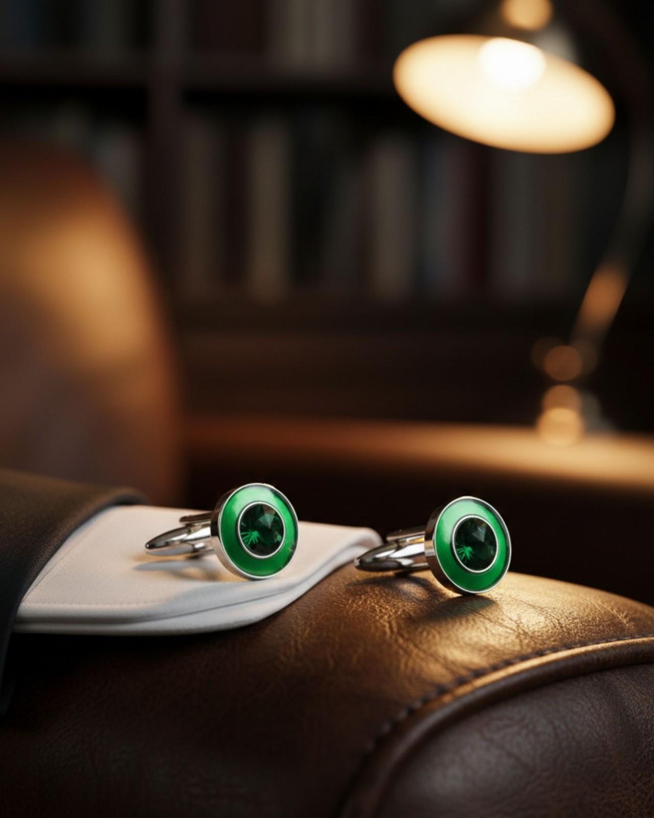 Premsons® Men’s Round Statement Cufflinks with Emerald Look Centre Stone, Bold Fashion Accessories for Party & Occasion Wear – Green