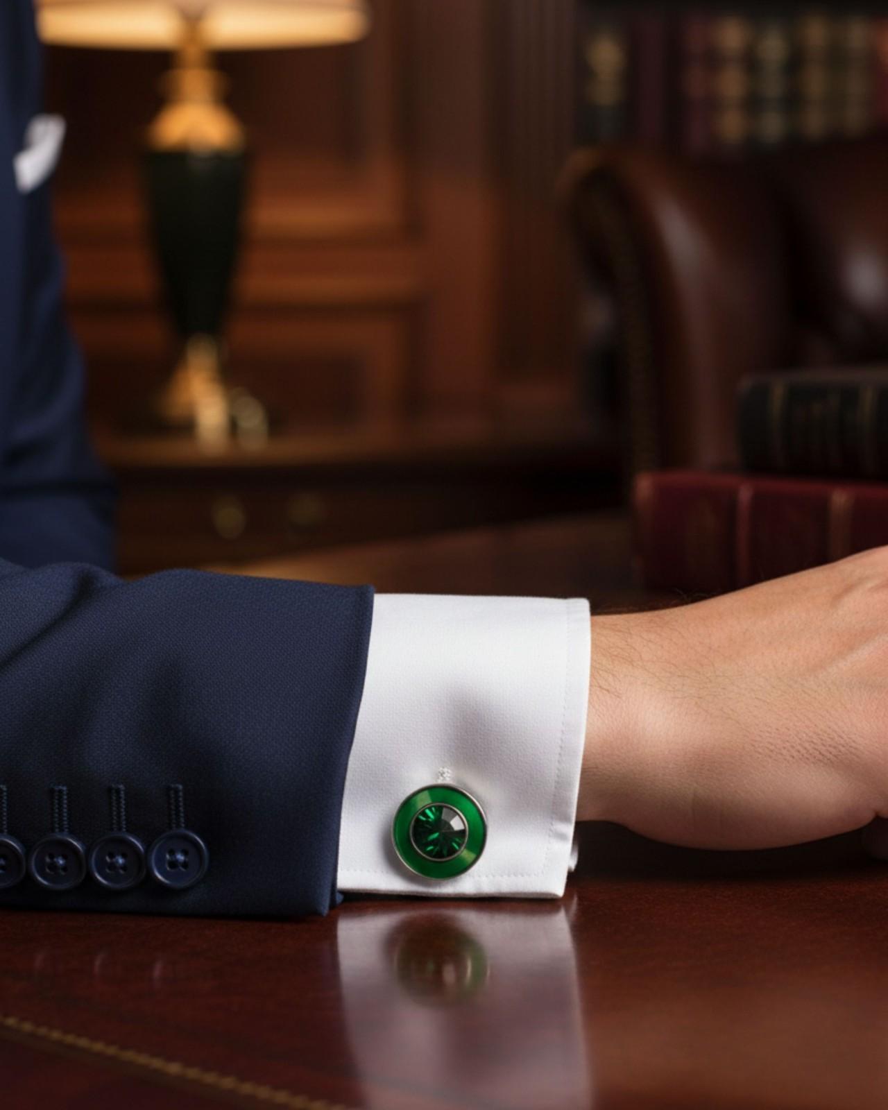 Premsons® Men’s Round Statement Cufflinks with Emerald Look Centre Stone, Bold Fashion Accessories for Party & Occasion Wear – Green