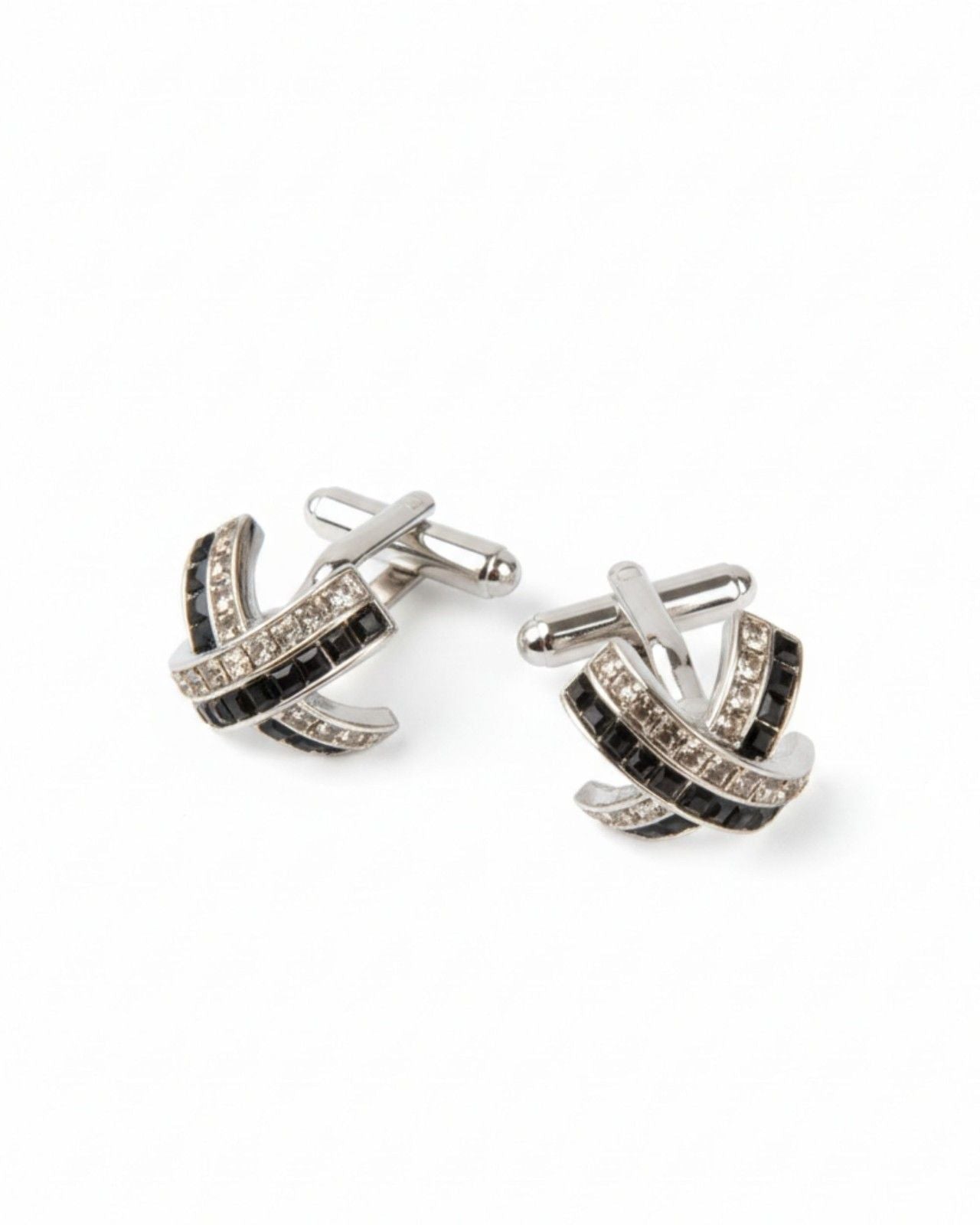 Premsons® Men’s Silver Designer Cufflinks with Black Crystal Curve Pattern, Luxury Formal Accessories