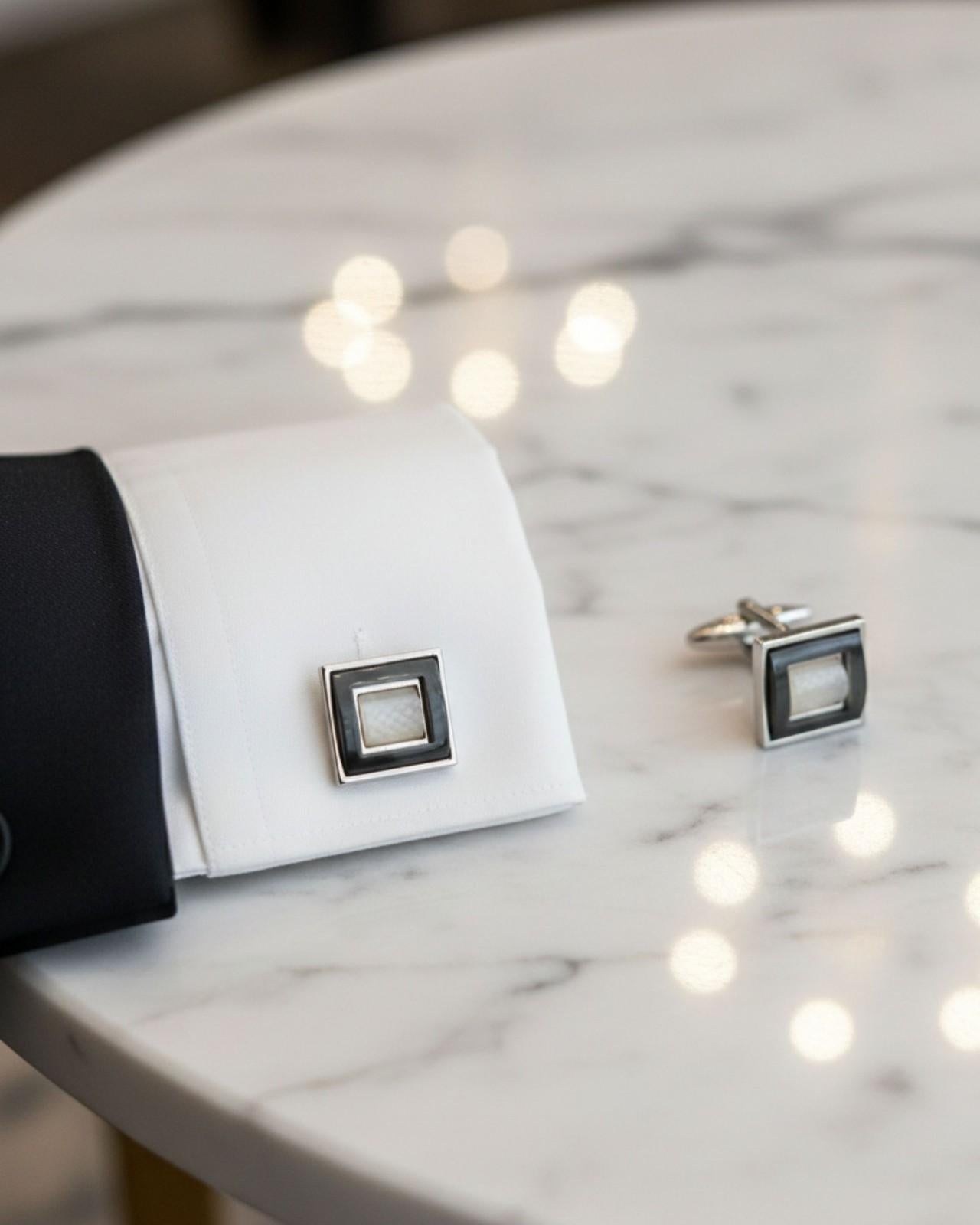 Premsons® Men’s Square Modern Cufflinks with Layered Resin & Stone Inlay, Creative Formal Accessories for Smart Casual Looks – Grey