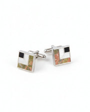 Premsons® Men’s Square Silver Cufflinks with Abstract Stone & Enamel Inlay, Modern Designer Accessories