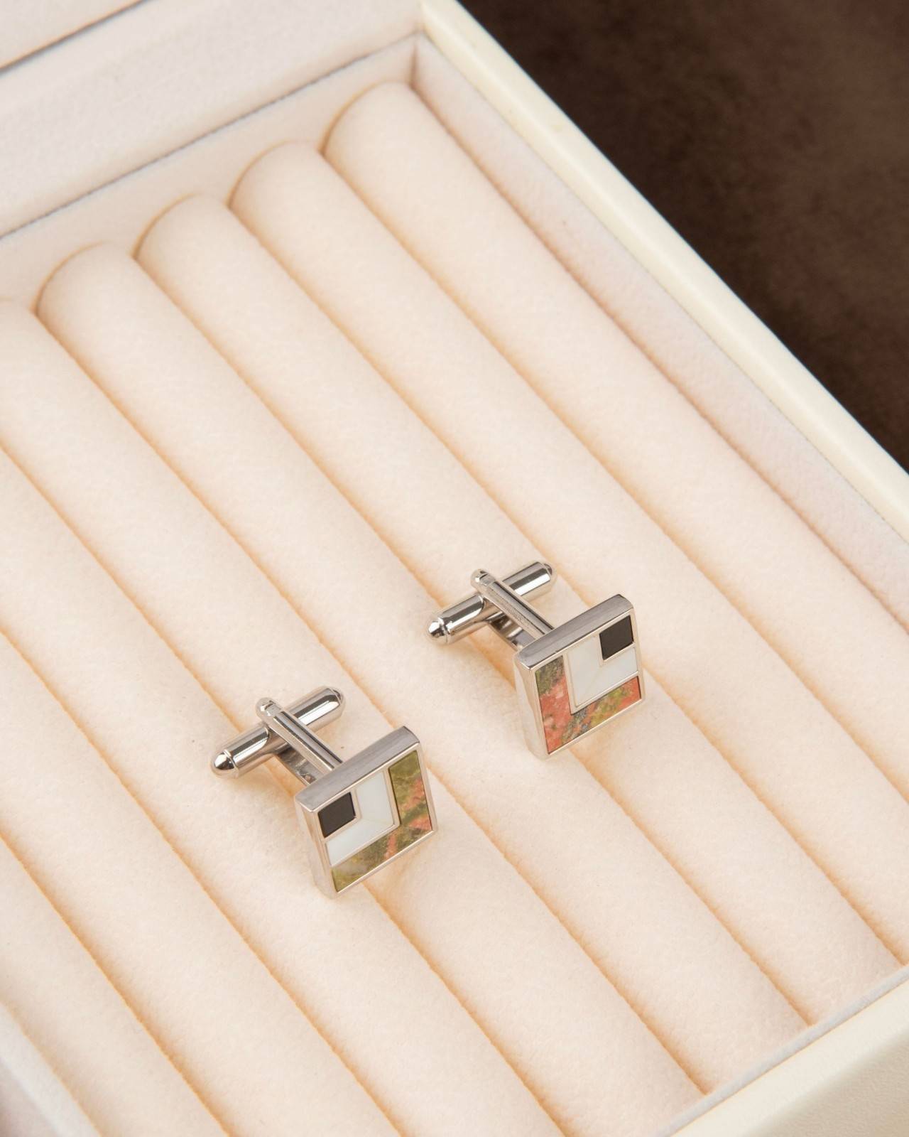 Premsons® Men’s Square Silver Cufflinks with Abstract Stone & Enamel Inlay, Modern Designer Accessories