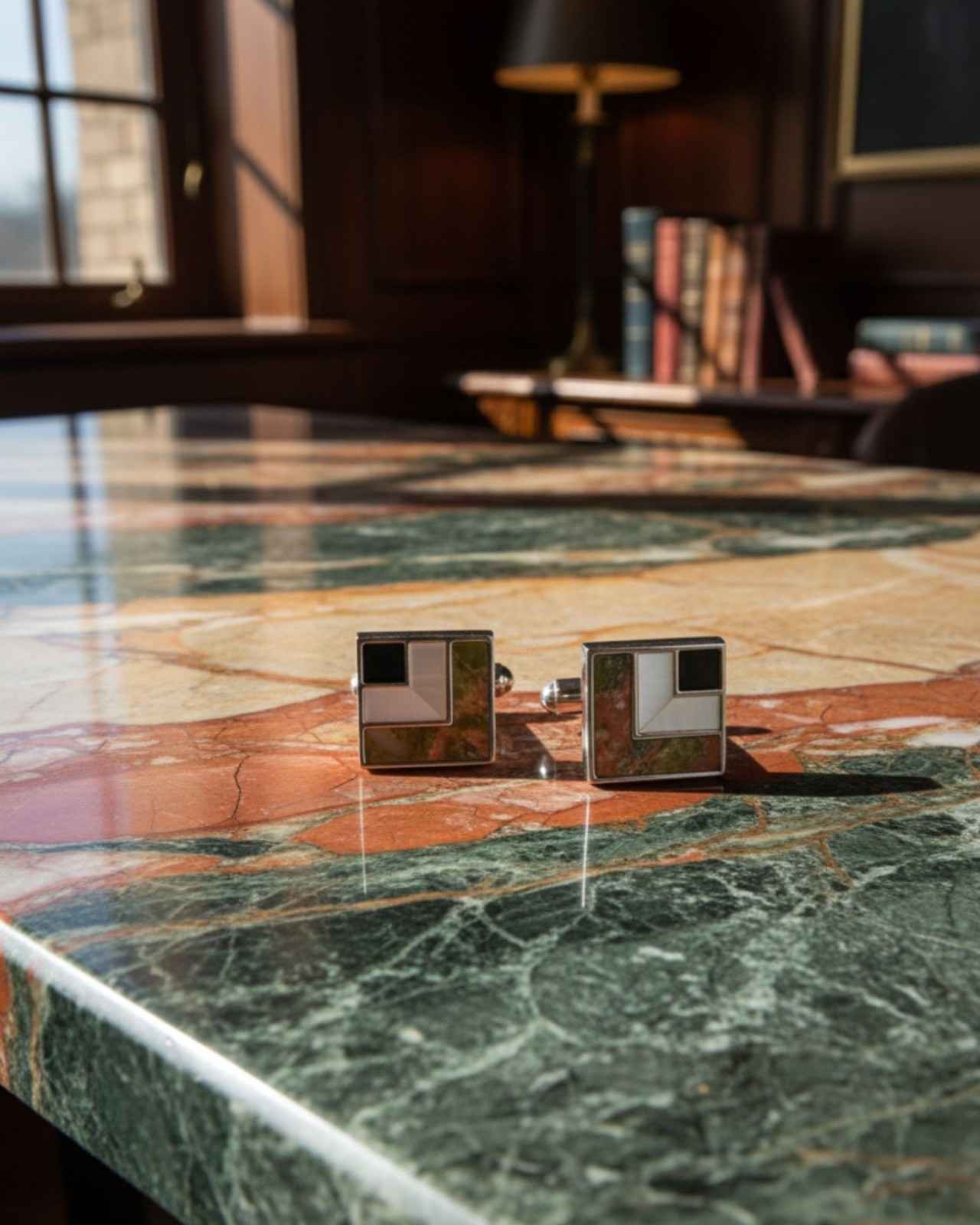 Premsons® Men’s Square Silver Cufflinks with Abstract Stone & Enamel Inlay, Modern Designer Accessories