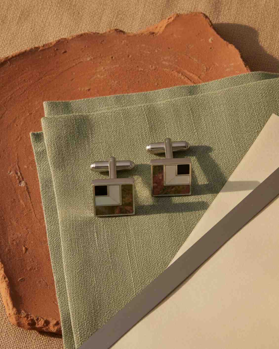 Premsons® Men’s Square Silver Cufflinks with Abstract Stone & Enamel Inlay, Modern Designer Accessories