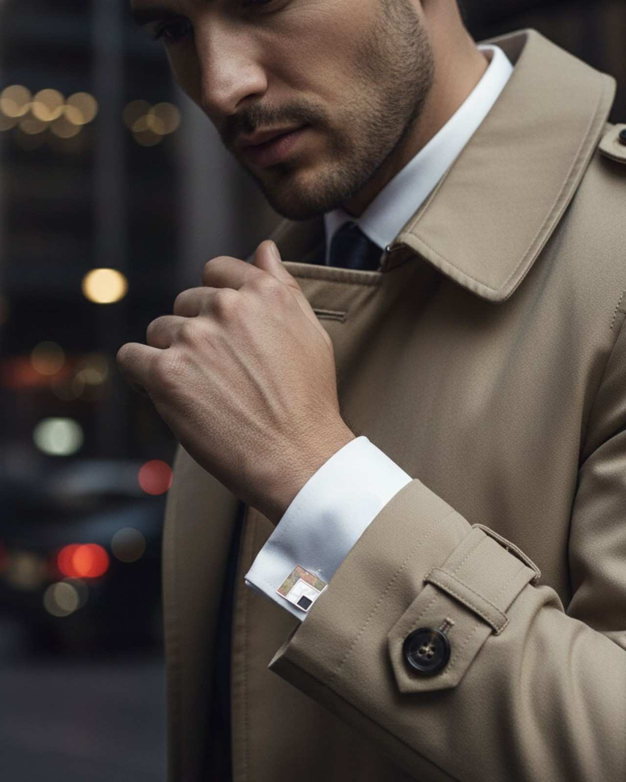 Premsons® Men’s Square Silver Cufflinks with Abstract Stone & Enamel Inlay, Modern Designer Accessories