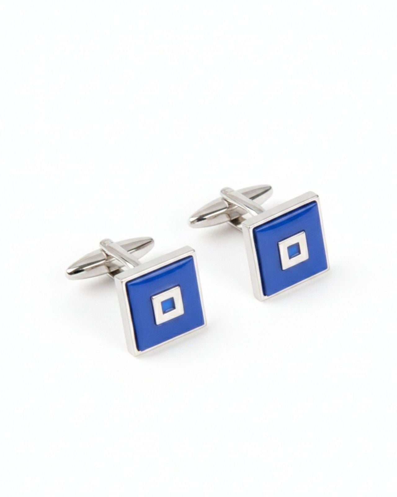 Premsons® Men’s Square Silver Cufflinks with Blue Enamel Centre, Minimalist Formal Shirt Accessories