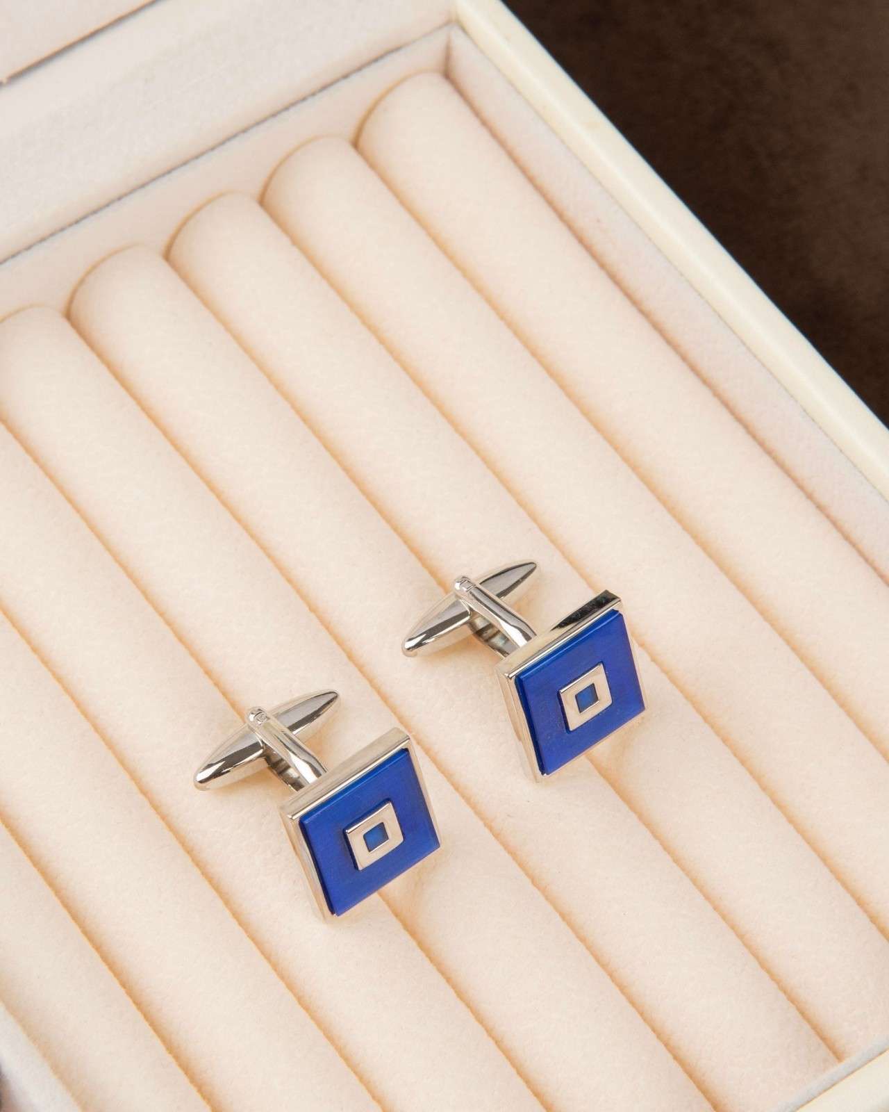 Premsons® Men’s Square Silver Cufflinks with Blue Enamel Centre, Minimalist Formal Shirt Accessories