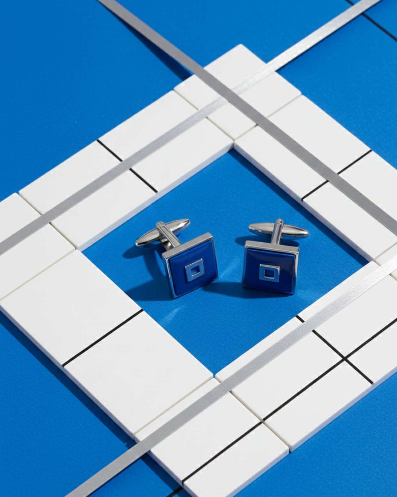 Premsons® Men’s Square Silver Cufflinks with Blue Enamel Centre, Minimalist Formal Shirt Accessories