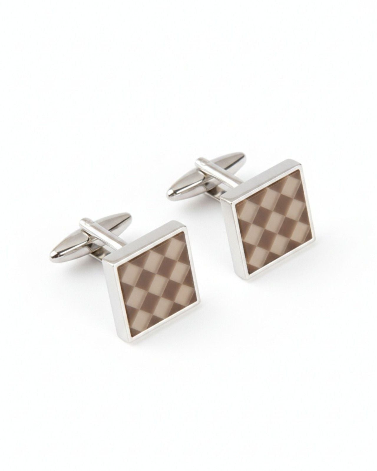 Premsons® Men’s Square Silver Cufflinks with Brown Checkerboard Inlay, Classic Formal Wear