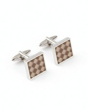 Premsons® Men’s Square Silver Cufflinks with Brown Checkerboard Inlay, Classic Formal Wear