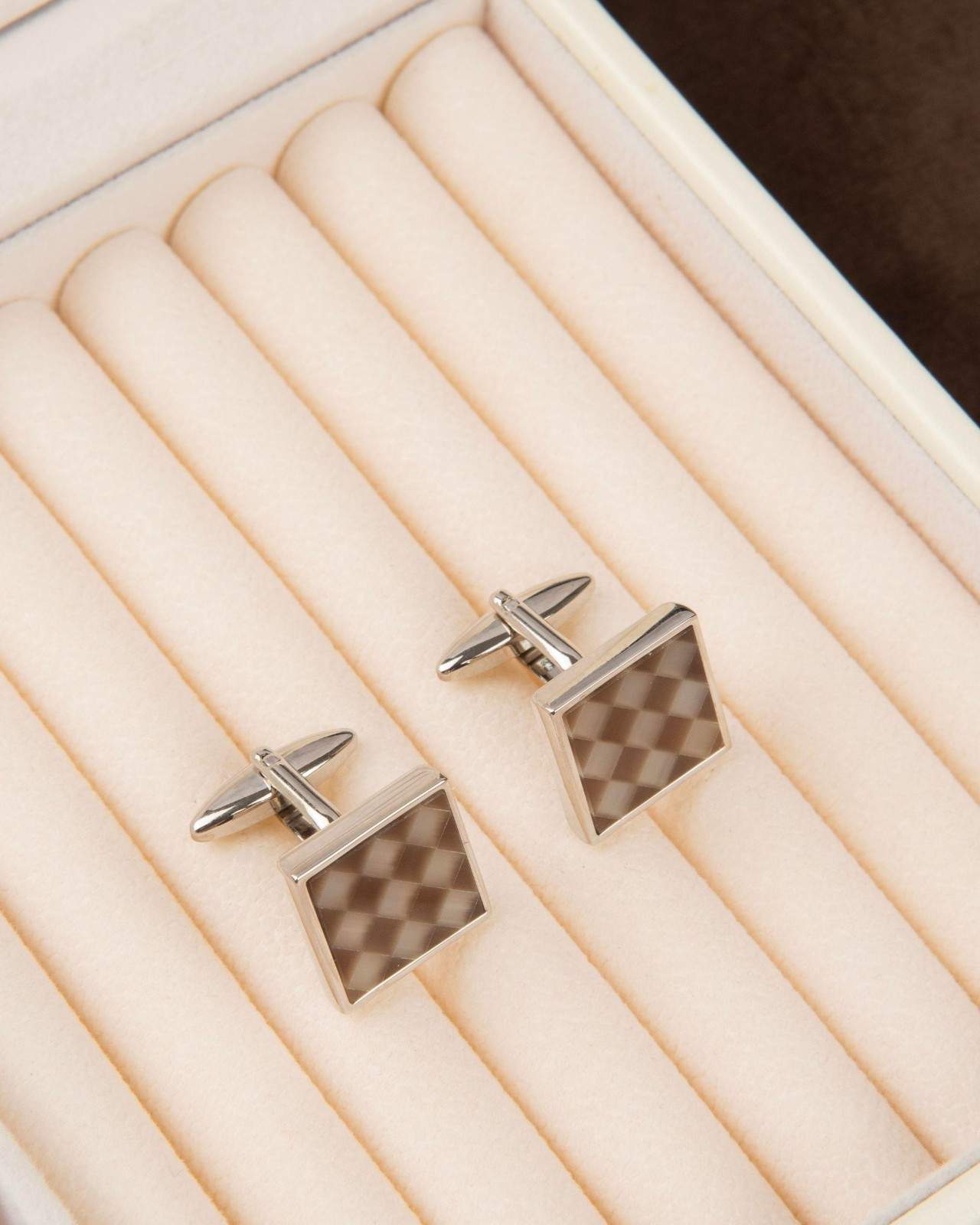 Premsons® Men’s Square Silver Cufflinks with Brown Checkerboard Inlay, Classic Formal Wear