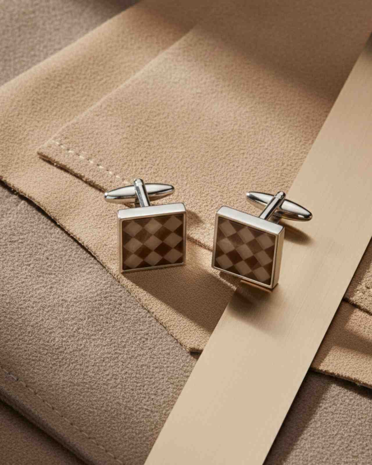 Premsons® Men’s Square Silver Cufflinks with Brown Checkerboard Inlay, Classic Formal Wear