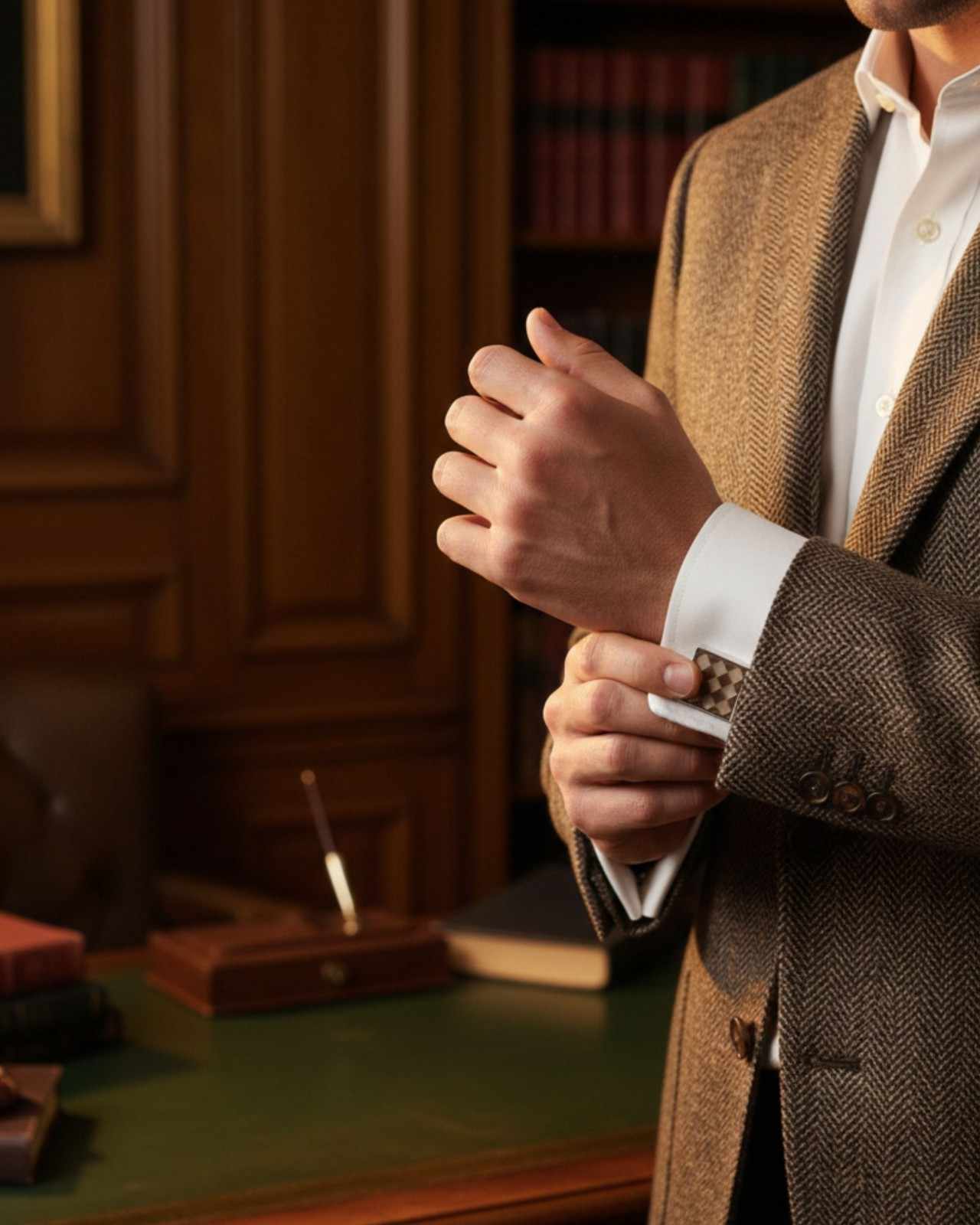 Premsons® Men’s Square Silver Cufflinks with Brown Checkerboard Inlay, Classic Formal Wear