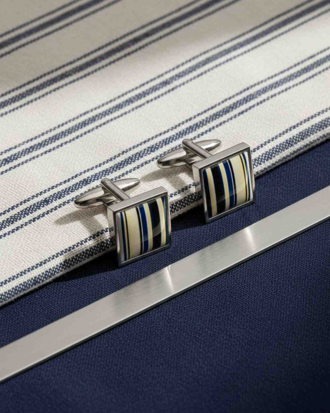 Premsons® Men’s Square Silver Cufflinks with Multi Stripe Resin Inlay, Stylish Office Wear Accessories
