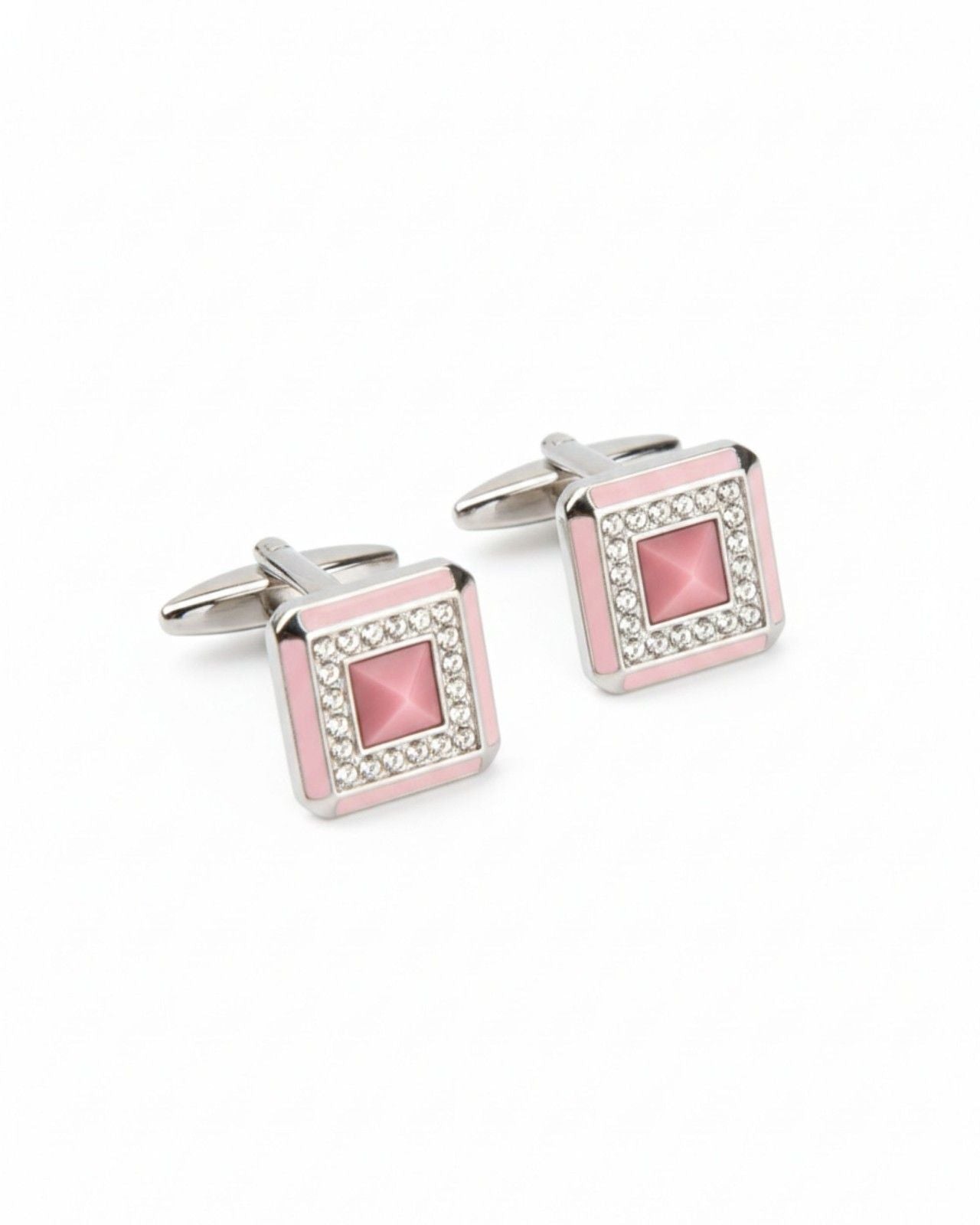 Premsons® Men’s Square Silver Cufflinks with Pink Crystal Centre & Pavé Border, Premium Formal Accessories
