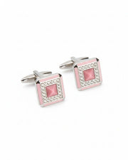 Premsons® Men’s Square Silver Cufflinks with Pink Crystal Centre & Pavé Border, Premium Formal Accessories