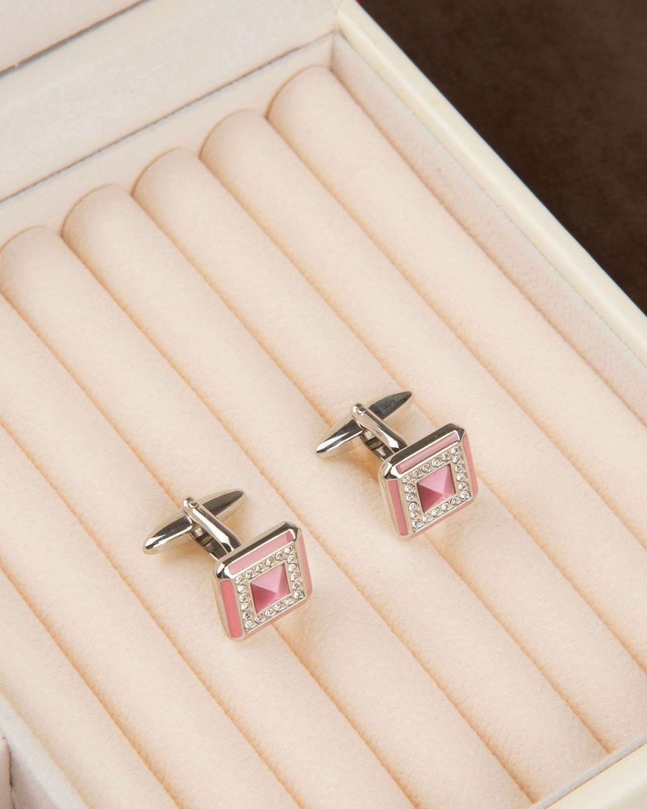 Premsons® Men’s Square Silver Cufflinks with Pink Crystal Centre & Pavé Border, Premium Formal Accessories