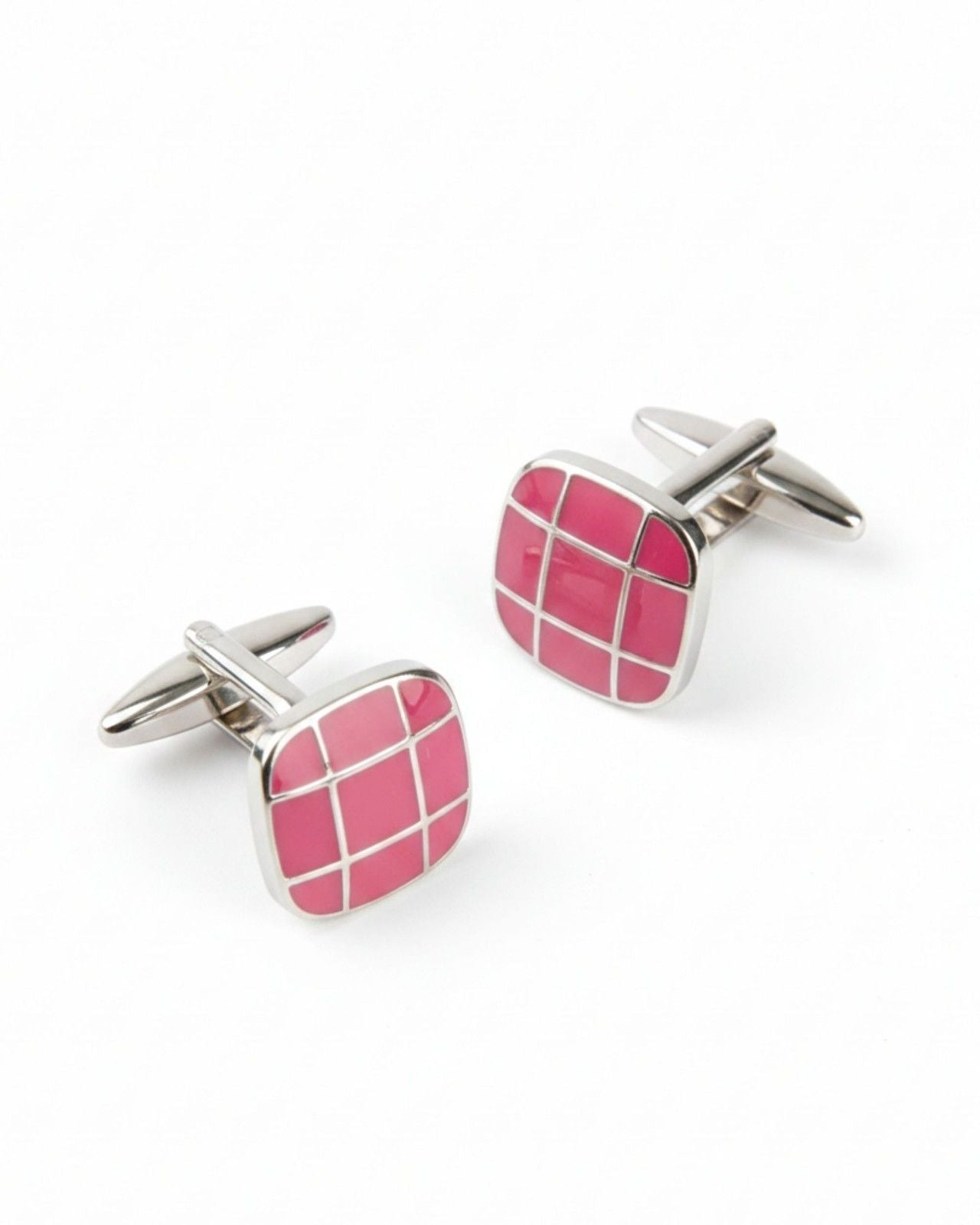 Premsons® Men’s Square Silver Cufflinks with Pink Grid Enamel Design, Classic Formal Shirt Accessories