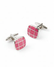 Premsons® Men’s Square Silver Cufflinks with Pink Grid Enamel Design, Classic Formal Shirt Accessories