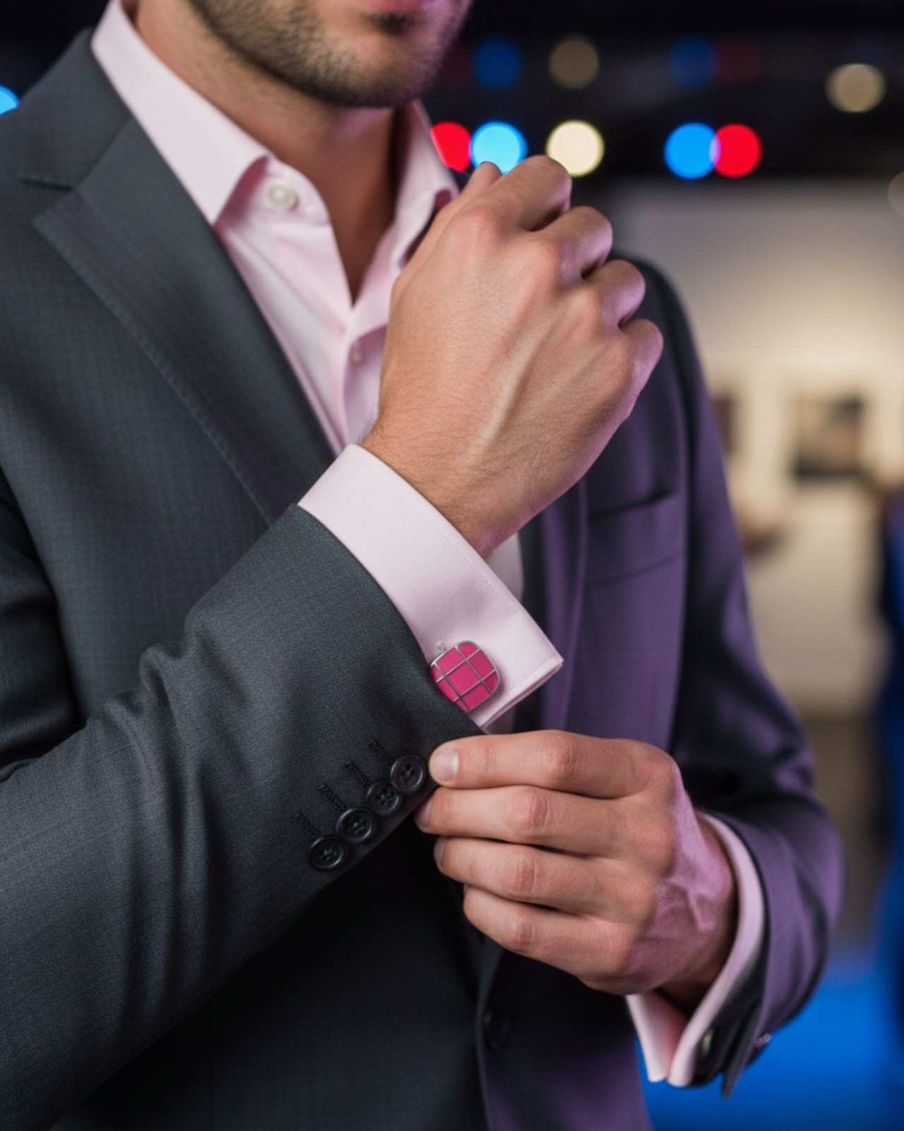 Premsons® Men’s Square Silver Cufflinks with Pink Grid Enamel Design, Classic Formal Shirt Accessories