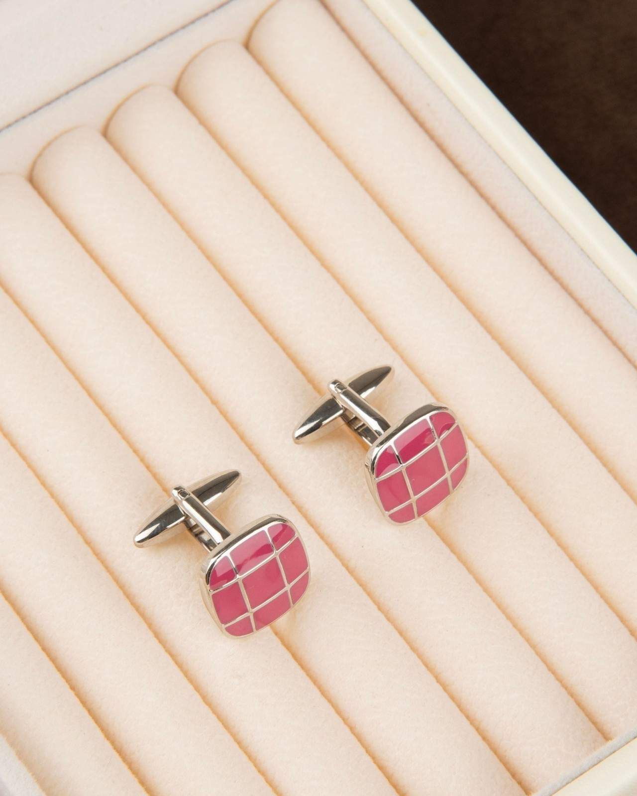Premsons® Men’s Square Silver Cufflinks with Pink Grid Enamel Design, Classic Formal Shirt Accessories