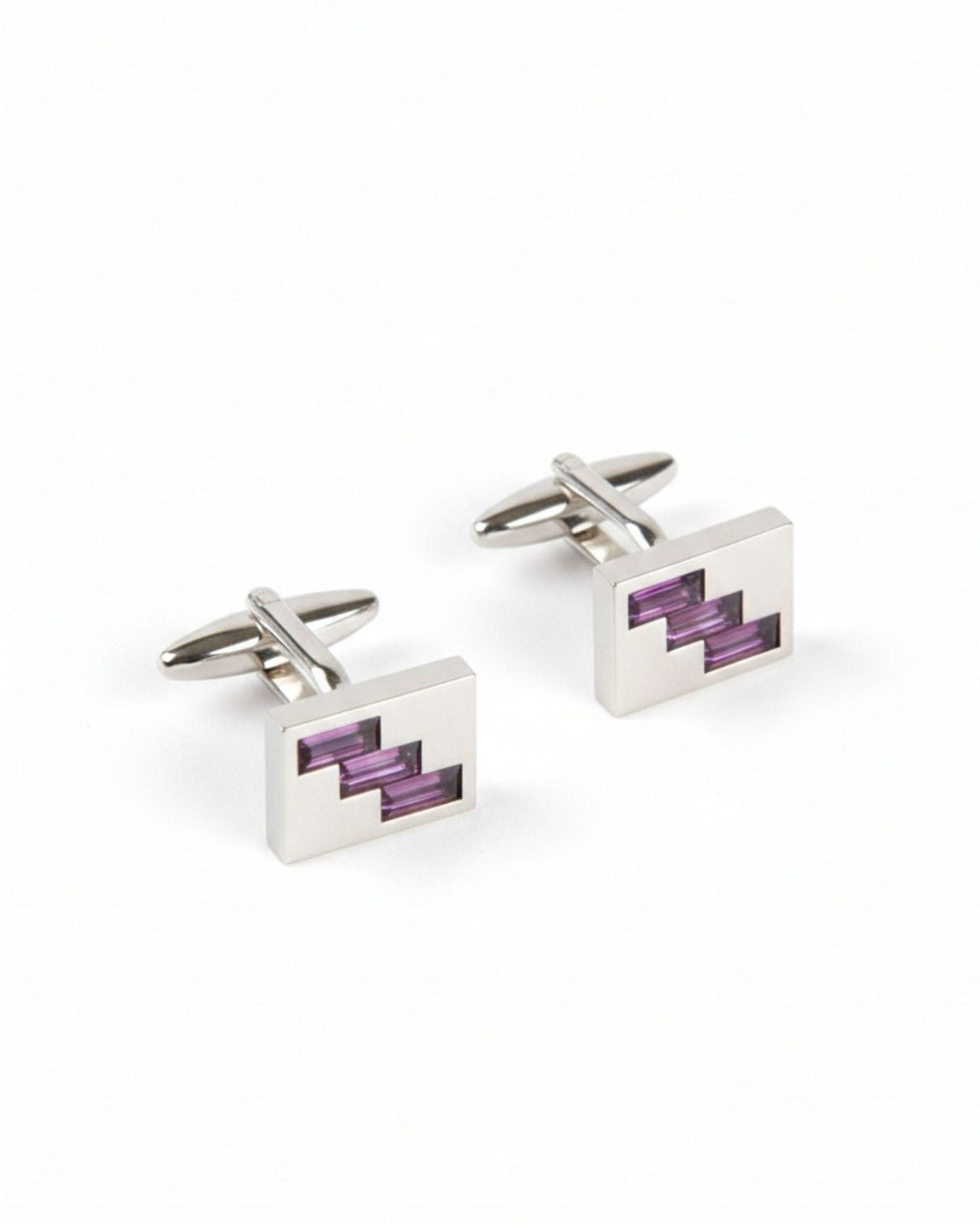 Premsons® Men’s Square Silver Tone Cufflinks with Geometric Crystal Inlay, Formal Shirt Accessories for Business & Weddings – Purple