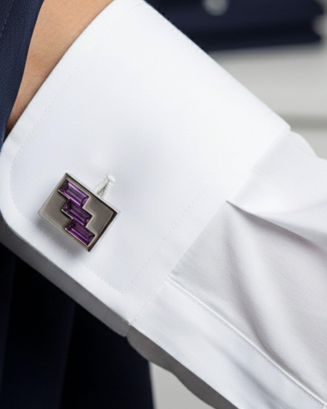 Premsons® Men’s Square Silver Tone Cufflinks with Geometric Crystal Inlay, Formal Shirt Accessories for Business & Weddings – Purple