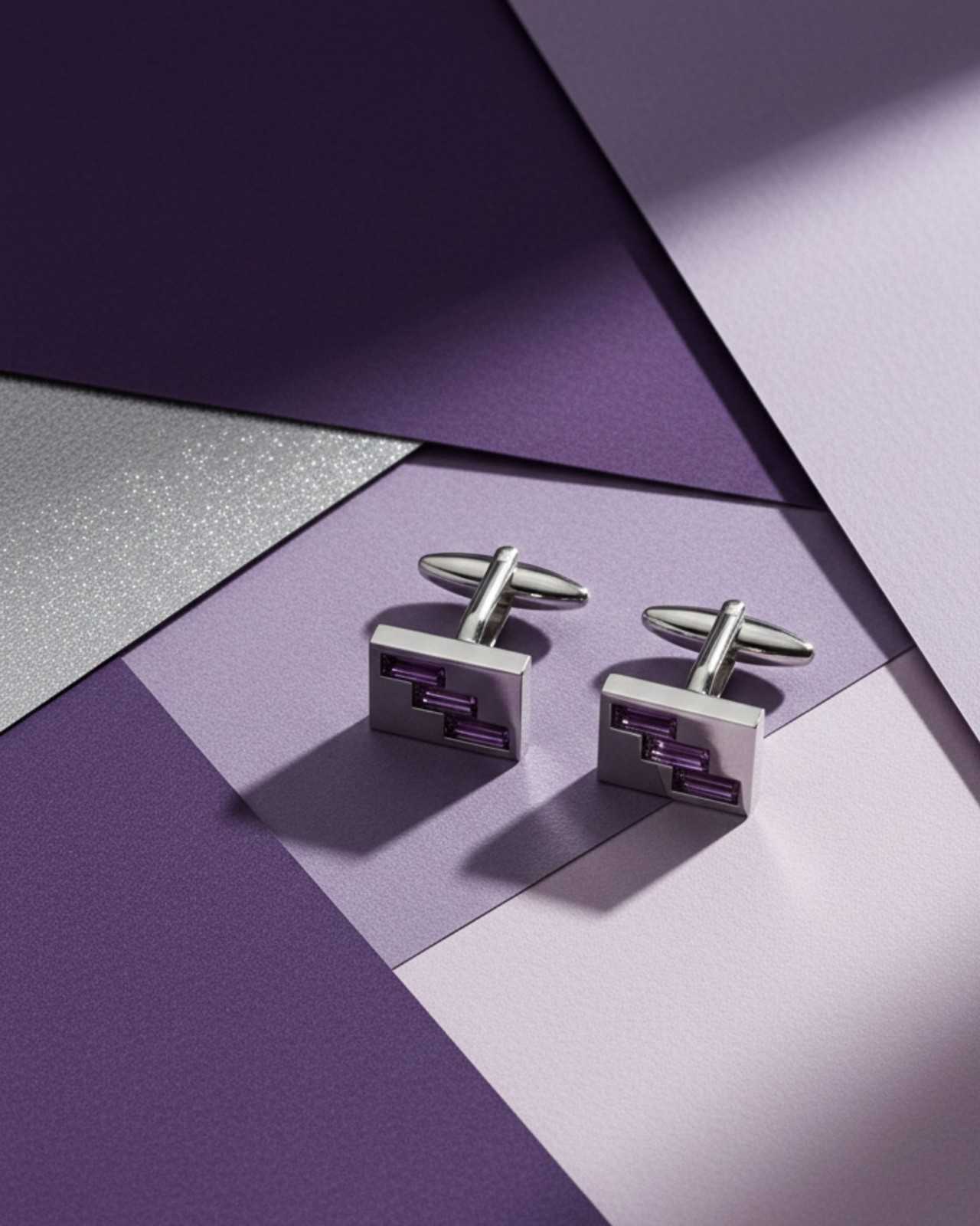 Premsons® Men’s Square Silver Tone Cufflinks with Geometric Crystal Inlay, Formal Shirt Accessories for Business & Weddings – Purple