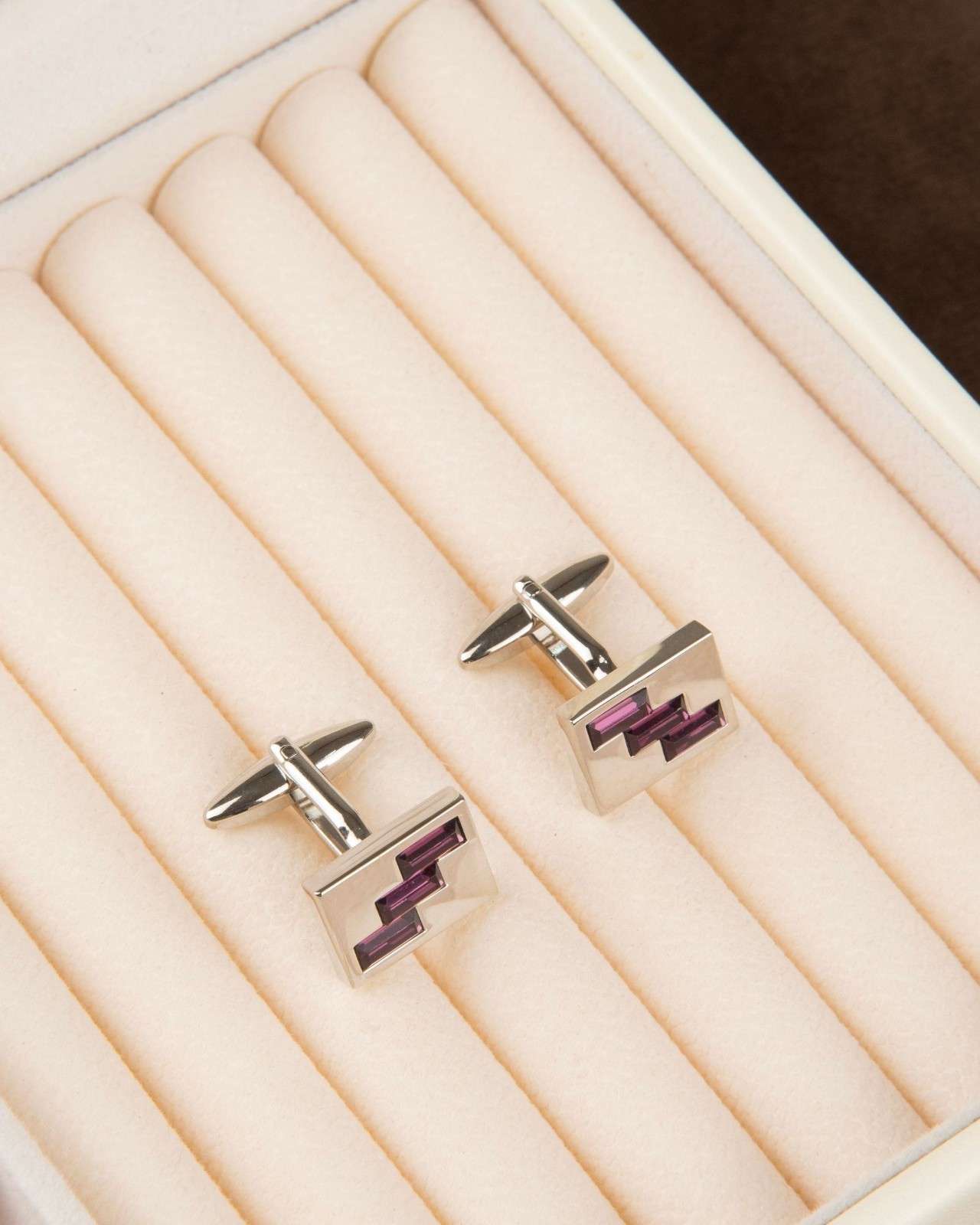 Premsons® Men’s Square Silver Tone Cufflinks with Geometric Crystal Inlay, Formal Shirt Accessories for Business & Weddings – Purple