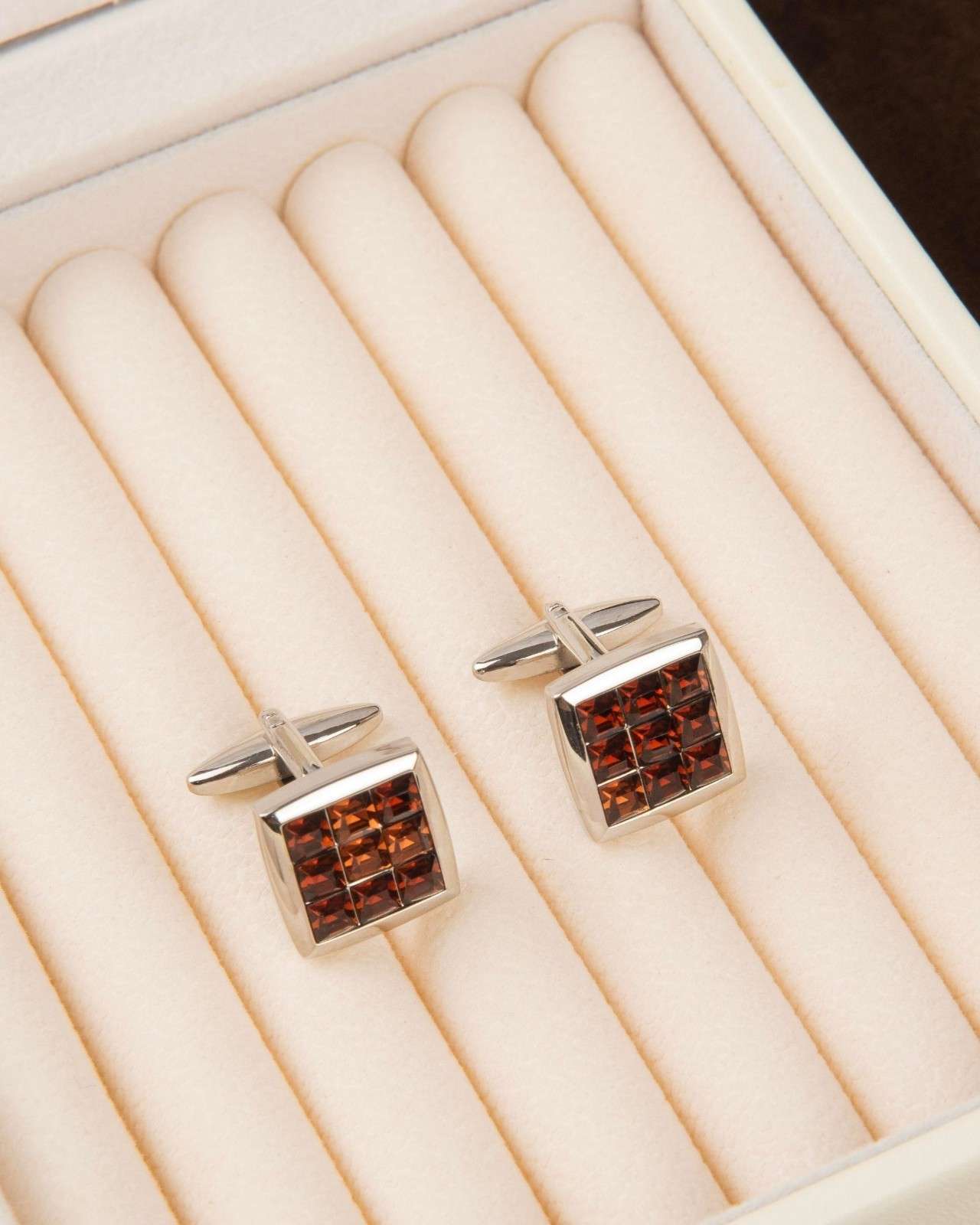 Premsons® Men’s Square Silver Tone Cufflinks with Textured Crystal Grid Design, Classic Formal Wear Accessories for Suits – Brown