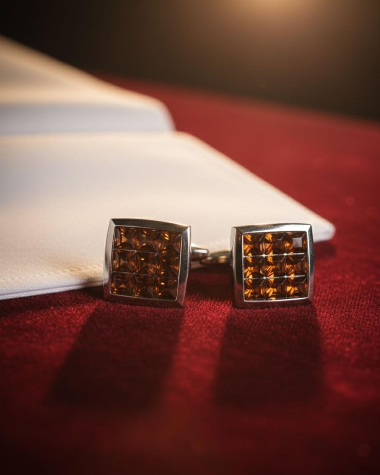 Premsons® Men’s Square Silver Tone Cufflinks with Textured Crystal Grid Design, Classic Formal Wear Accessories for Suits – Brown
