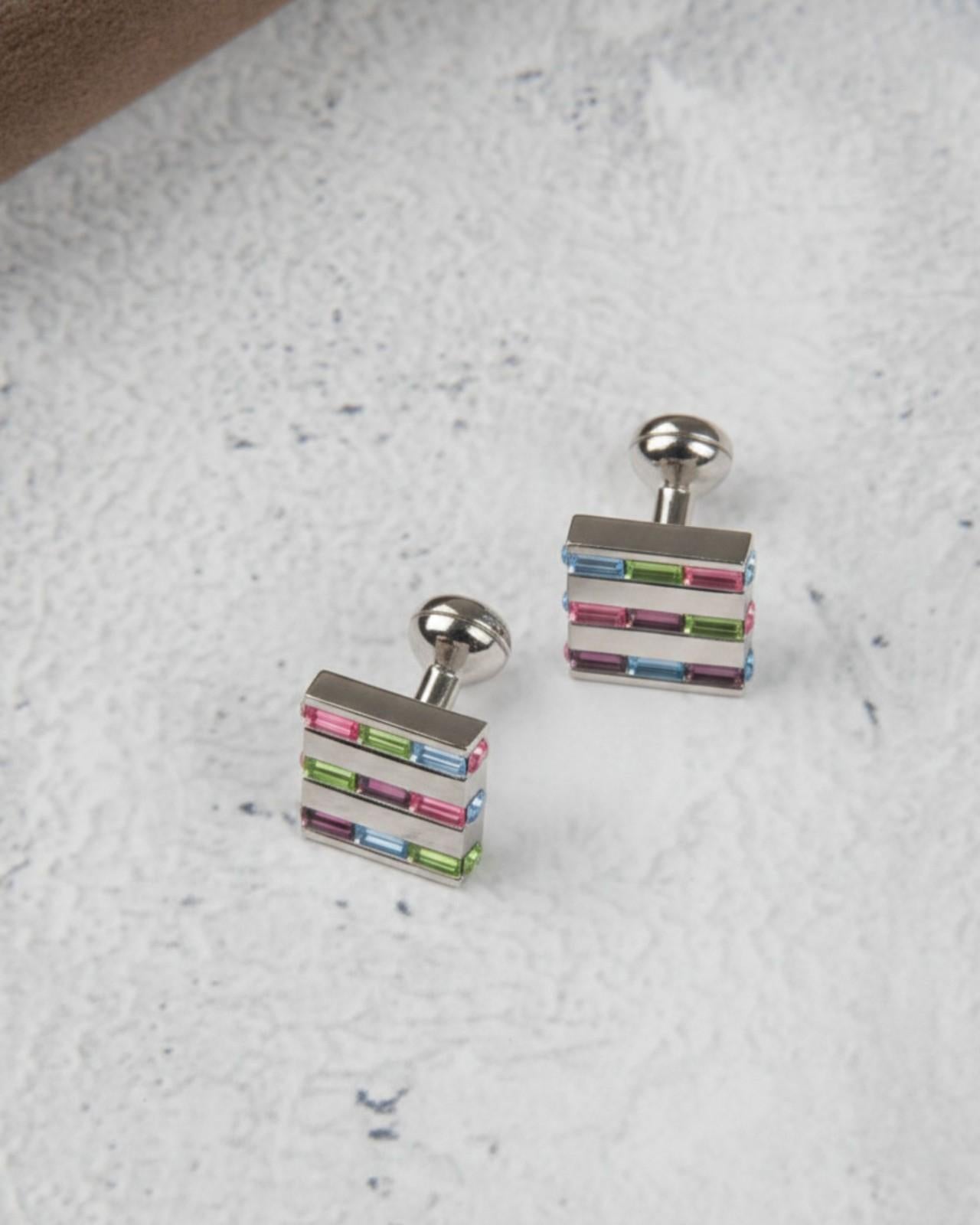 Premsons® Multicolor Crystal Bar Square Silver Cufflinks for Men