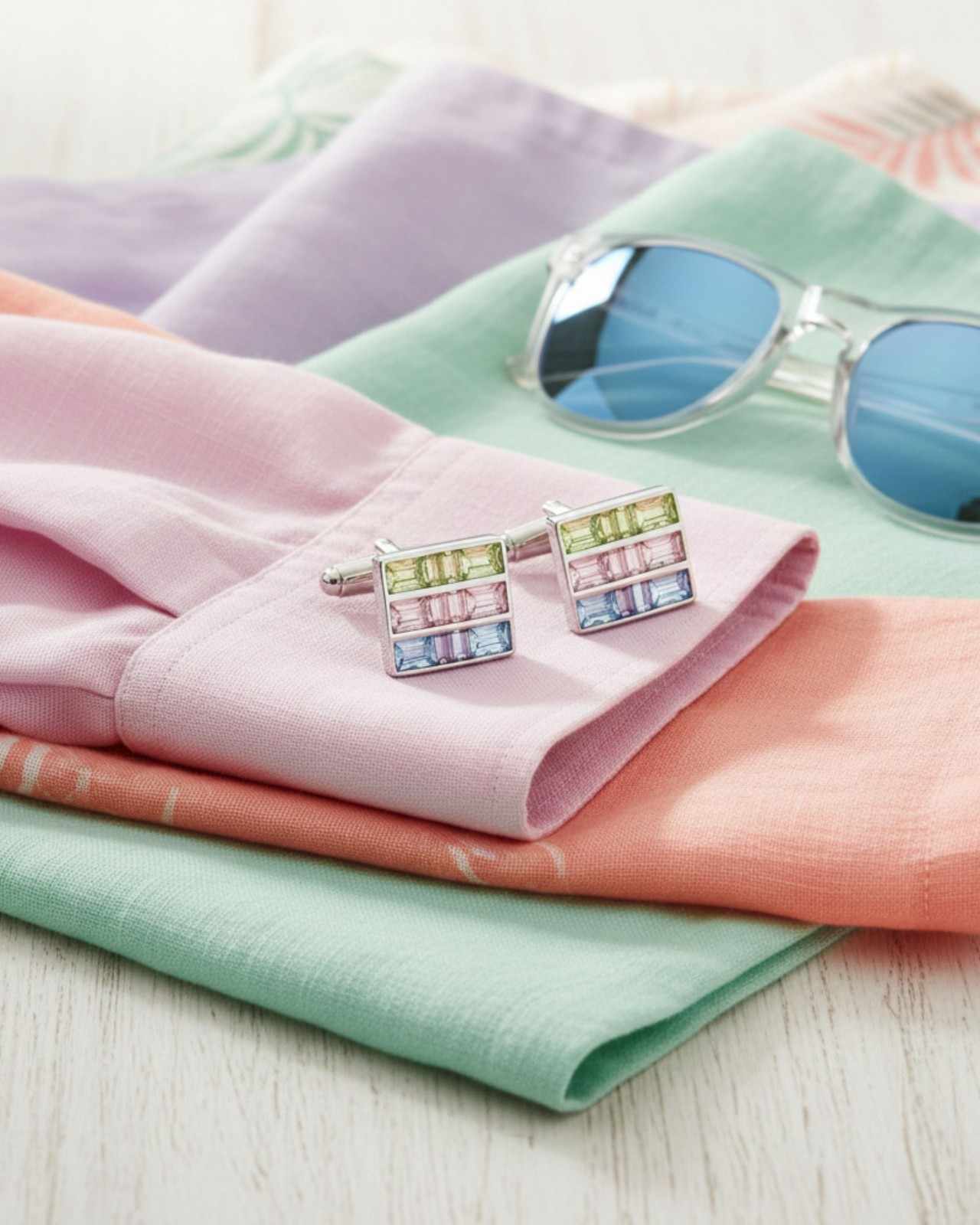 Premsons® Multicolor Crystal Bar Square Silver Cufflinks for Men