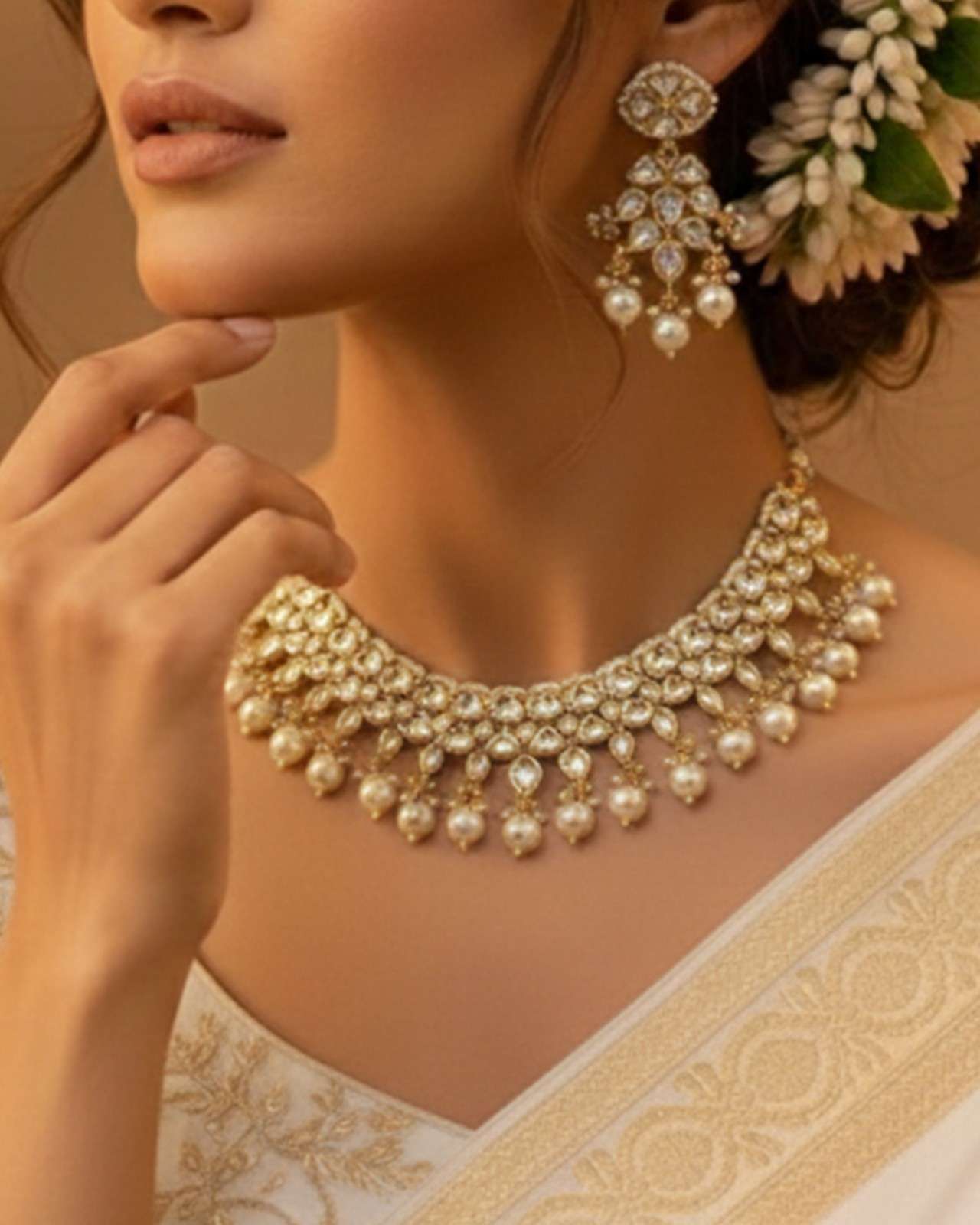 Premsons® Noor Kundan Pearl Necklace Set – Handcrafted Kundan with Pearl Drops – Gold & Ivory – Adjustable Fit