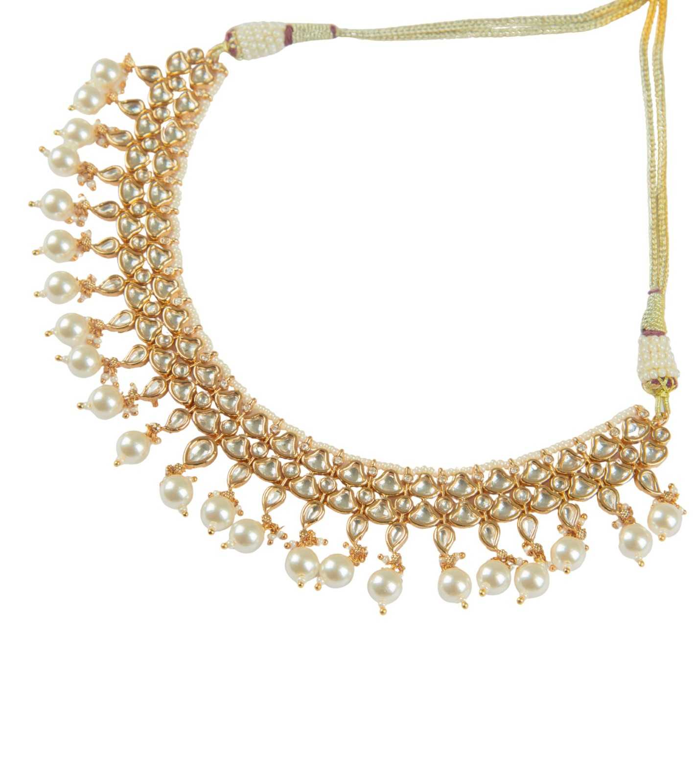 Gold kundan necklace with dense pearl fringe and adjustable cord ties