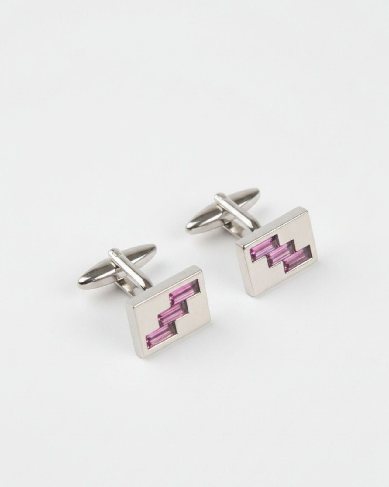 Premsons® Pink Crystal Zigzag Inlay Square Silver Cufflinks for Men