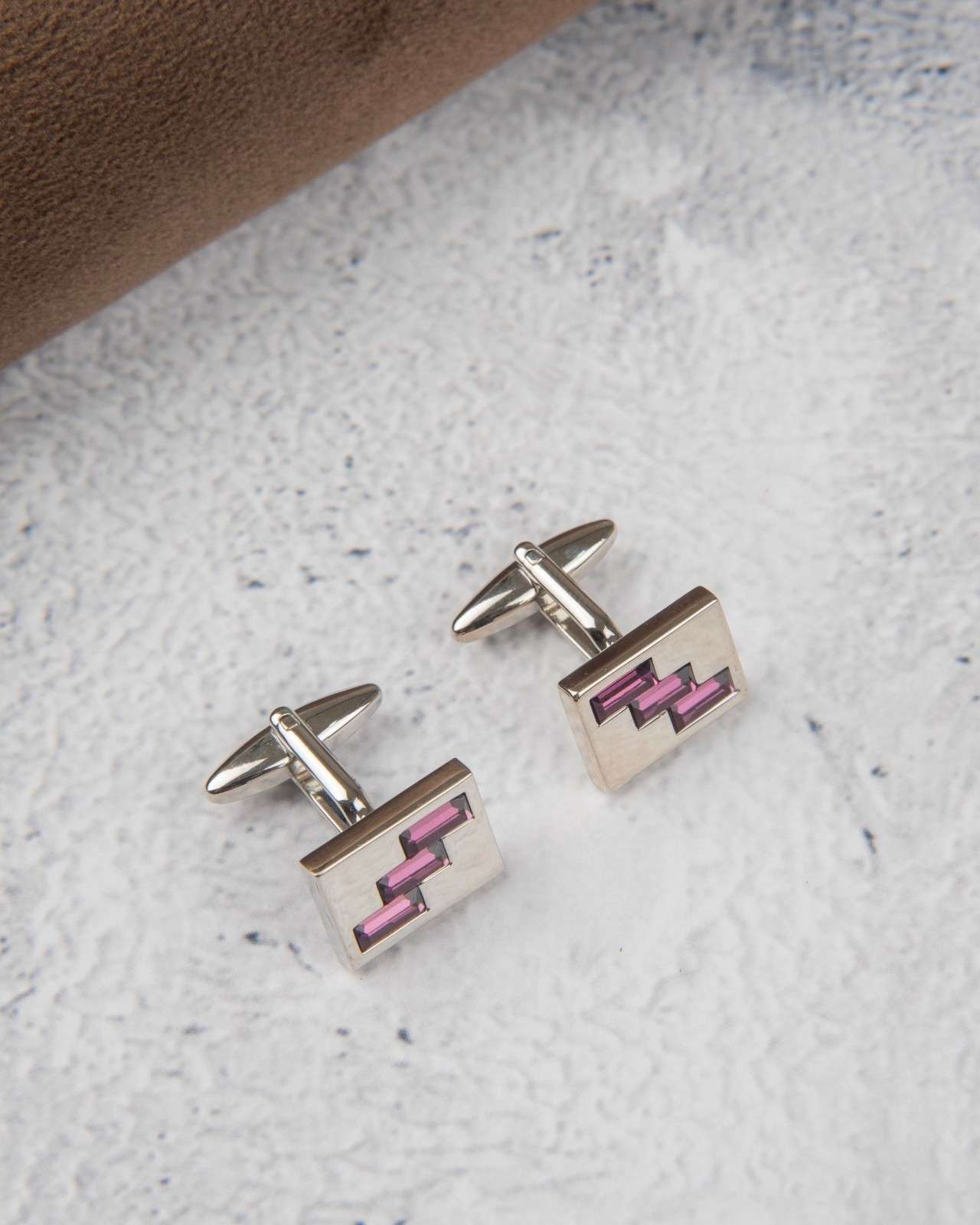 Premsons® Pink Crystal Zigzag Inlay Square Silver Cufflinks for Men
