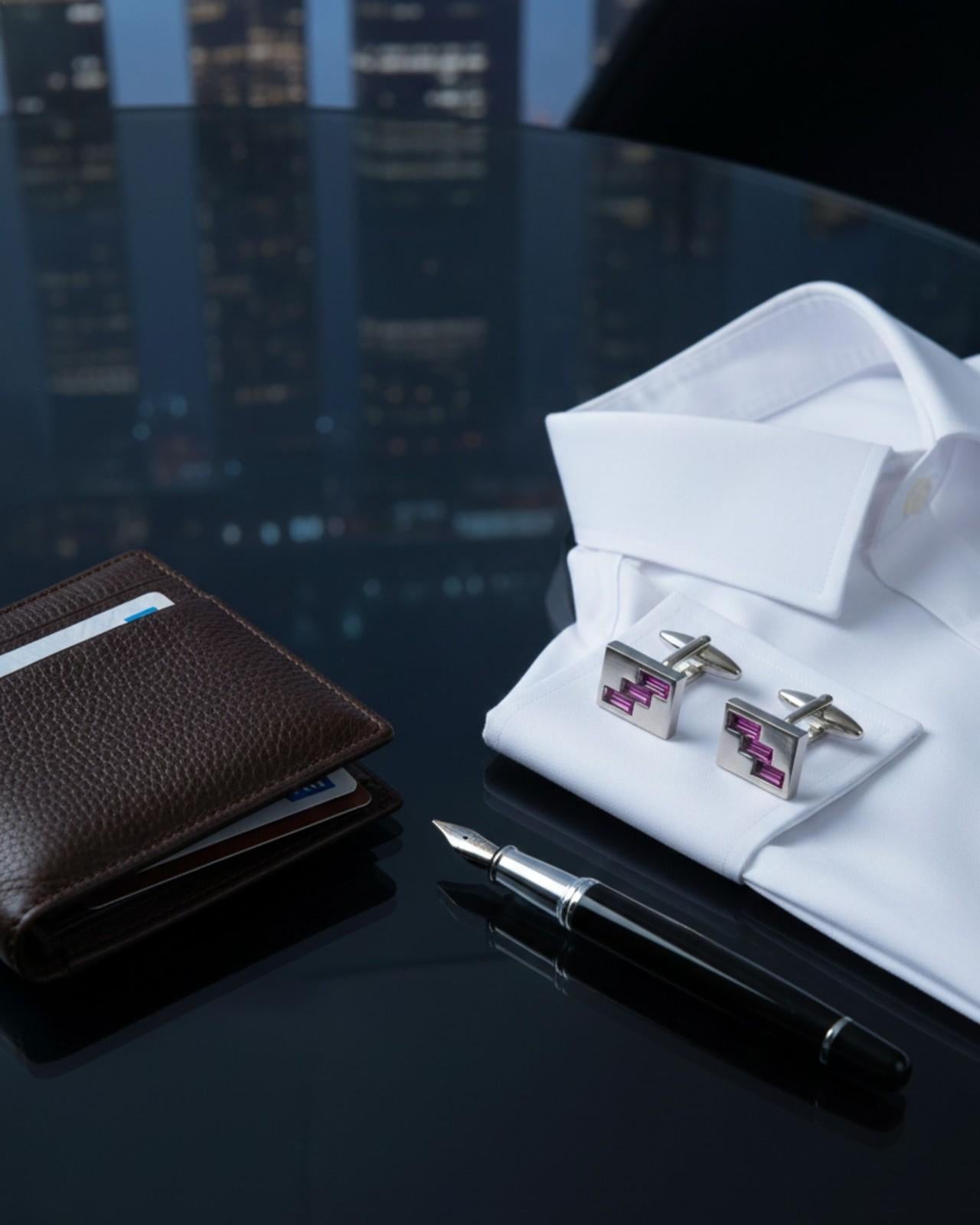 Premsons® Pink Crystal Zigzag Inlay Square Silver Cufflinks for Men