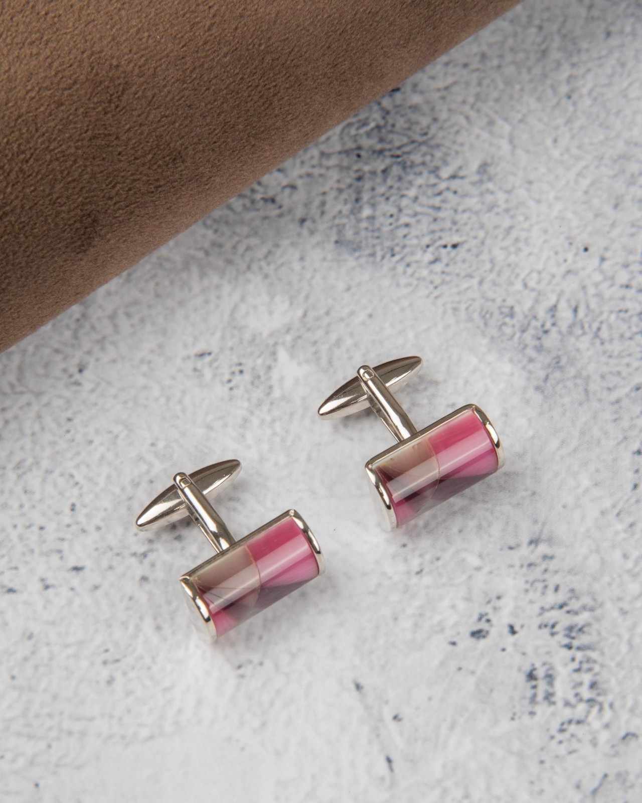 Premsons® Pink Stripe Cylinder Silver Cufflinks for Men