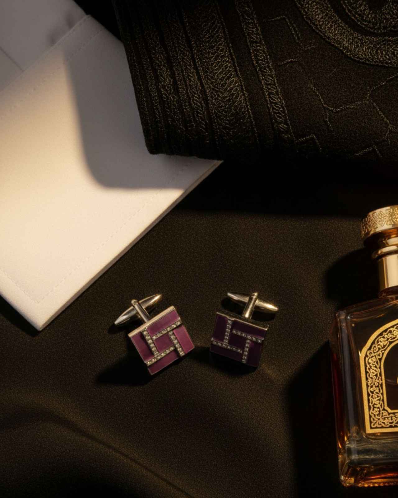 Premsons® Purple Enamel & Crystal Square Silver Cufflinks for Men