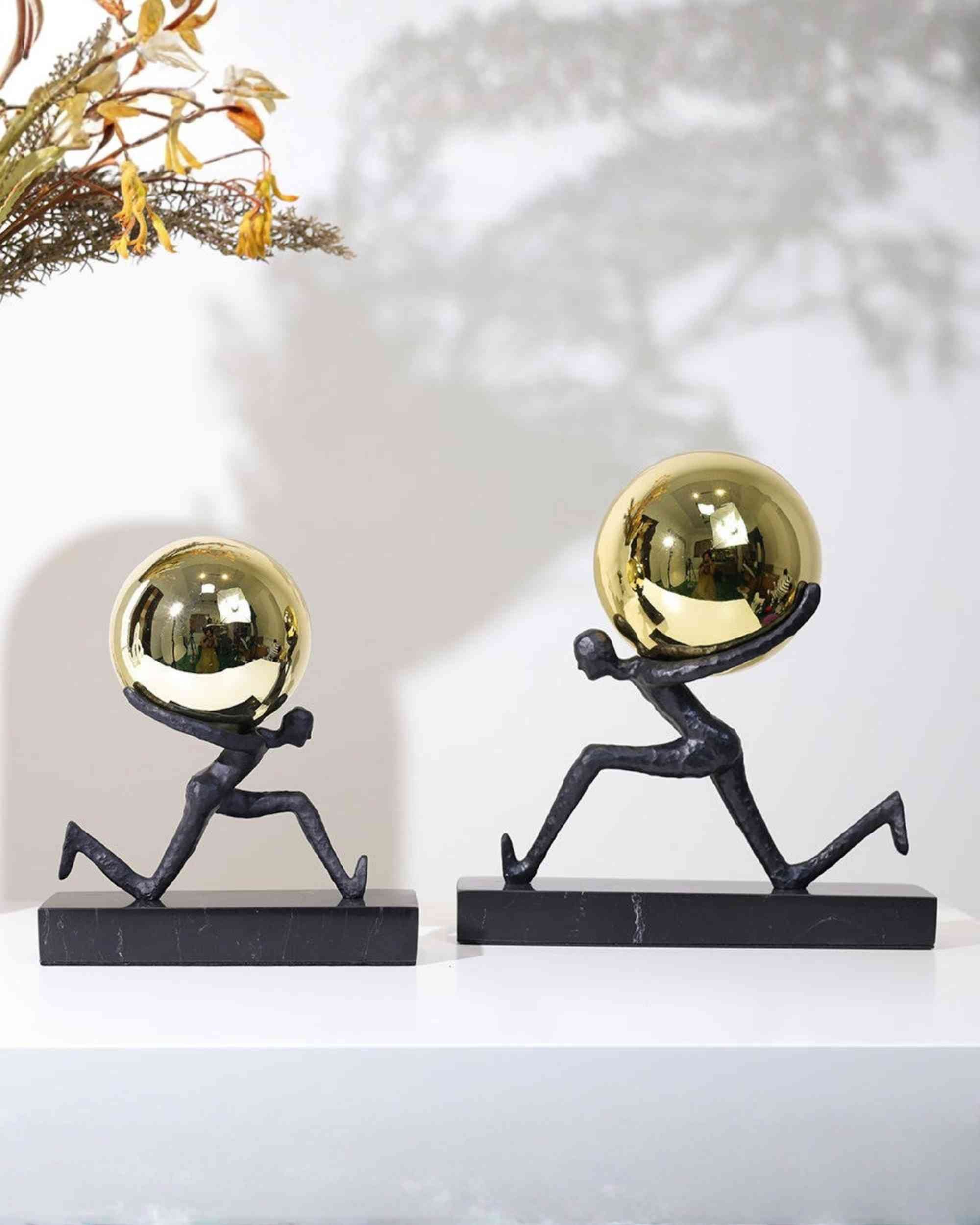 Premsons® Reflective Orb Duo Thinker Sculpture Set – Metal, Marble & Glass – Gold - Set of 2