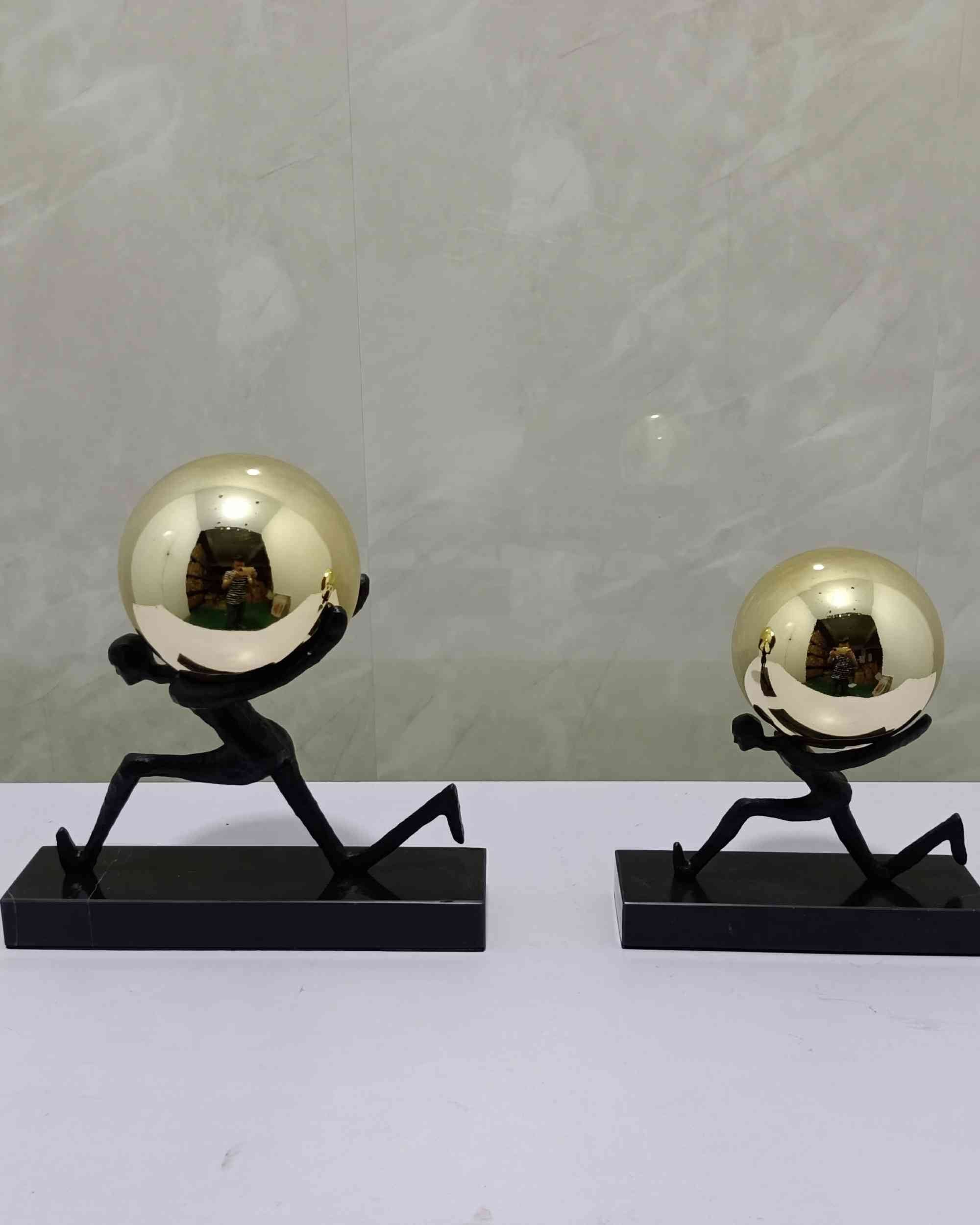Premsons® Reflective Orb Duo Thinker Sculpture Set – Metal, Marble & Glass – Gold - Set of 2