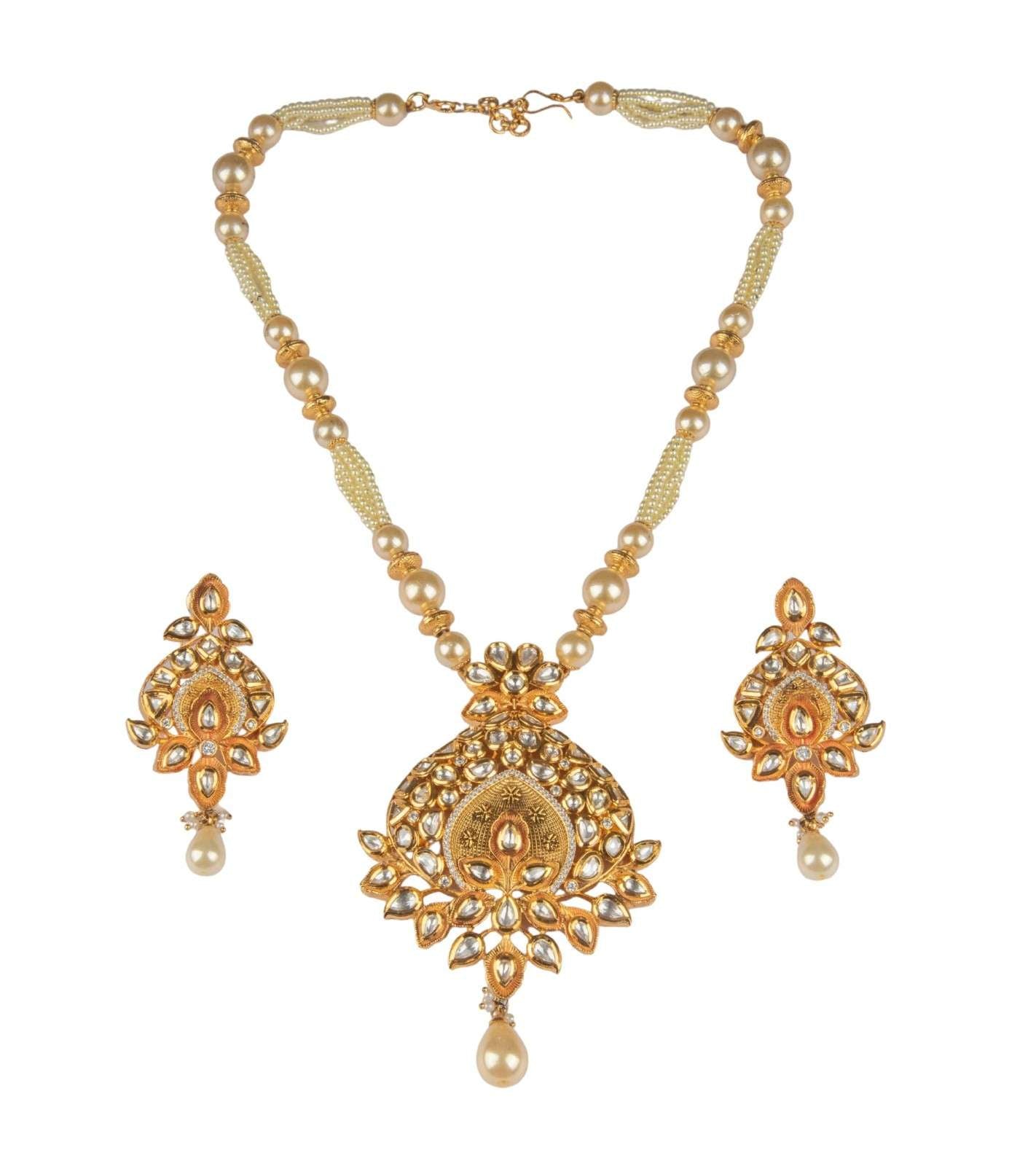 Premsons® Royal Kundan Pearl Pendant Set – Traditional Kundan Pendant with Pearl Drops – Gold & Ivory – Standard Fit