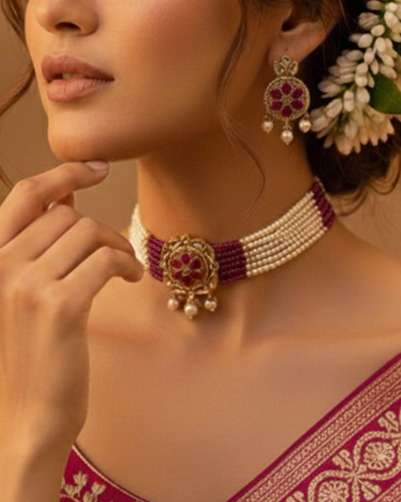 Premsons® Ruby Blossom Choker Set – Beaded Pearl Choker with Floral Kundan Center – Pink, White & Gold – Adjustable Fit