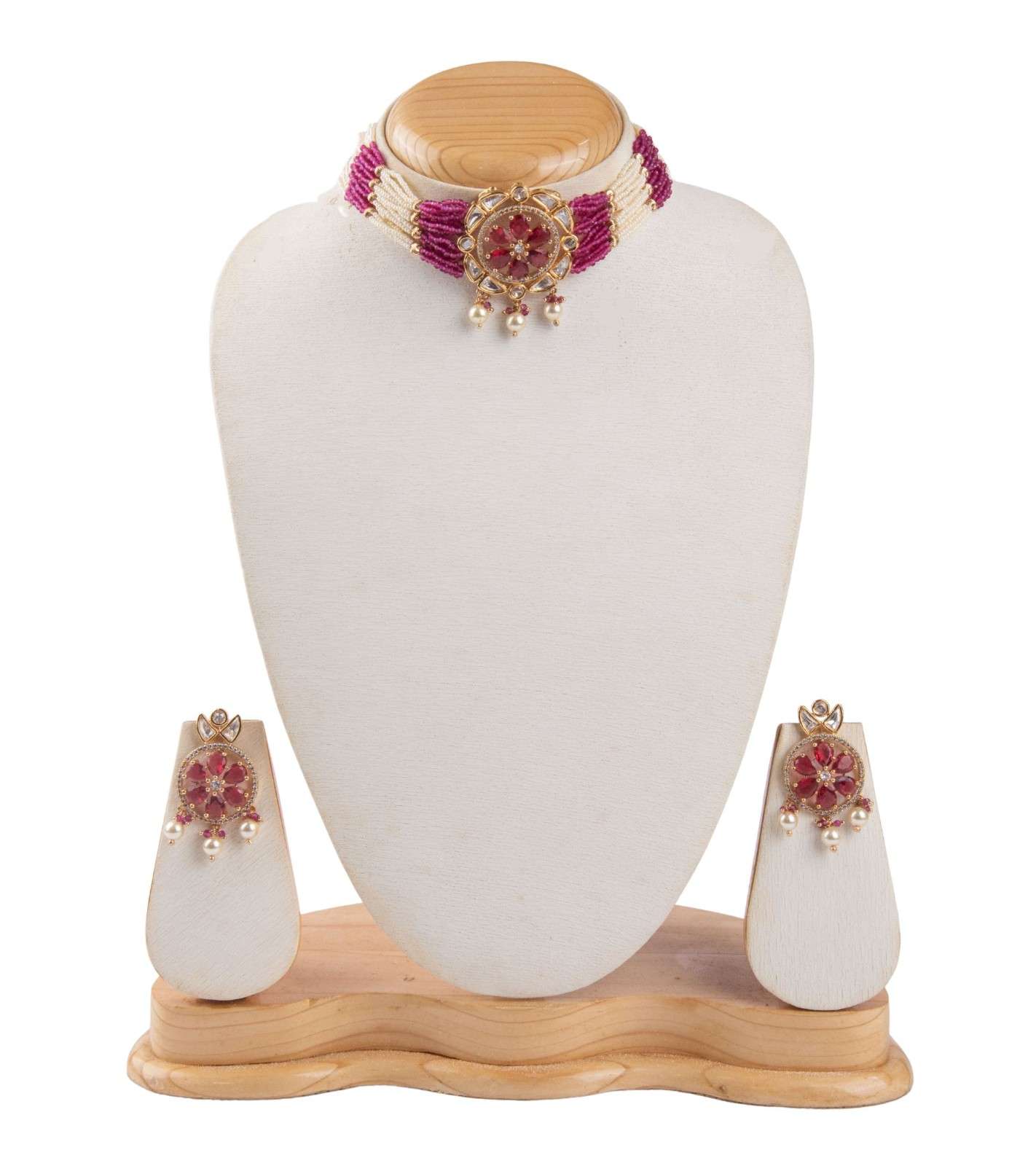 Premsons® Ruby Blossom Choker Set – Beaded Pearl Choker with Floral Kundan Center – Pink, White & Gold – Adjustable Fit