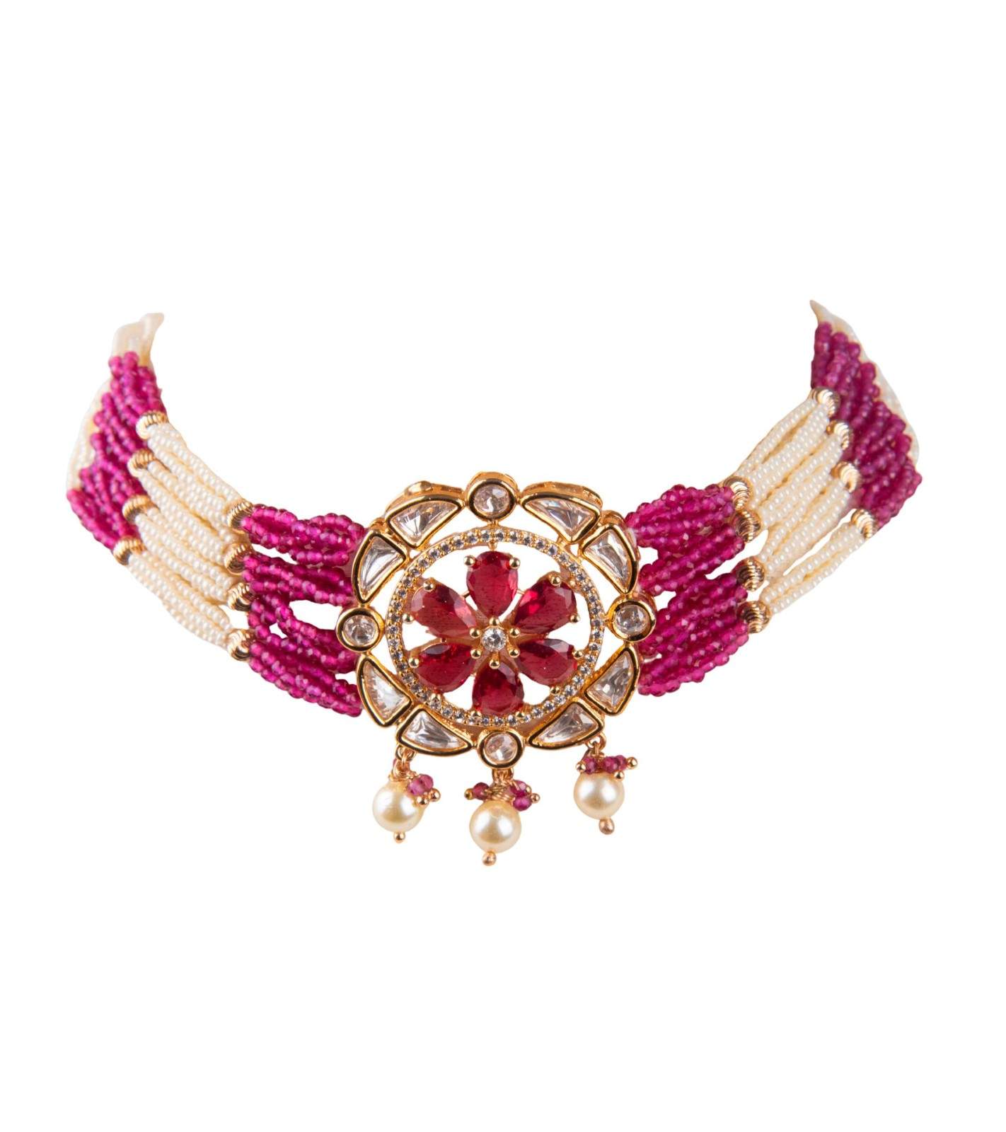 Beaded choker with pink-and-white fringe bands and gold floral kundan centerpiece