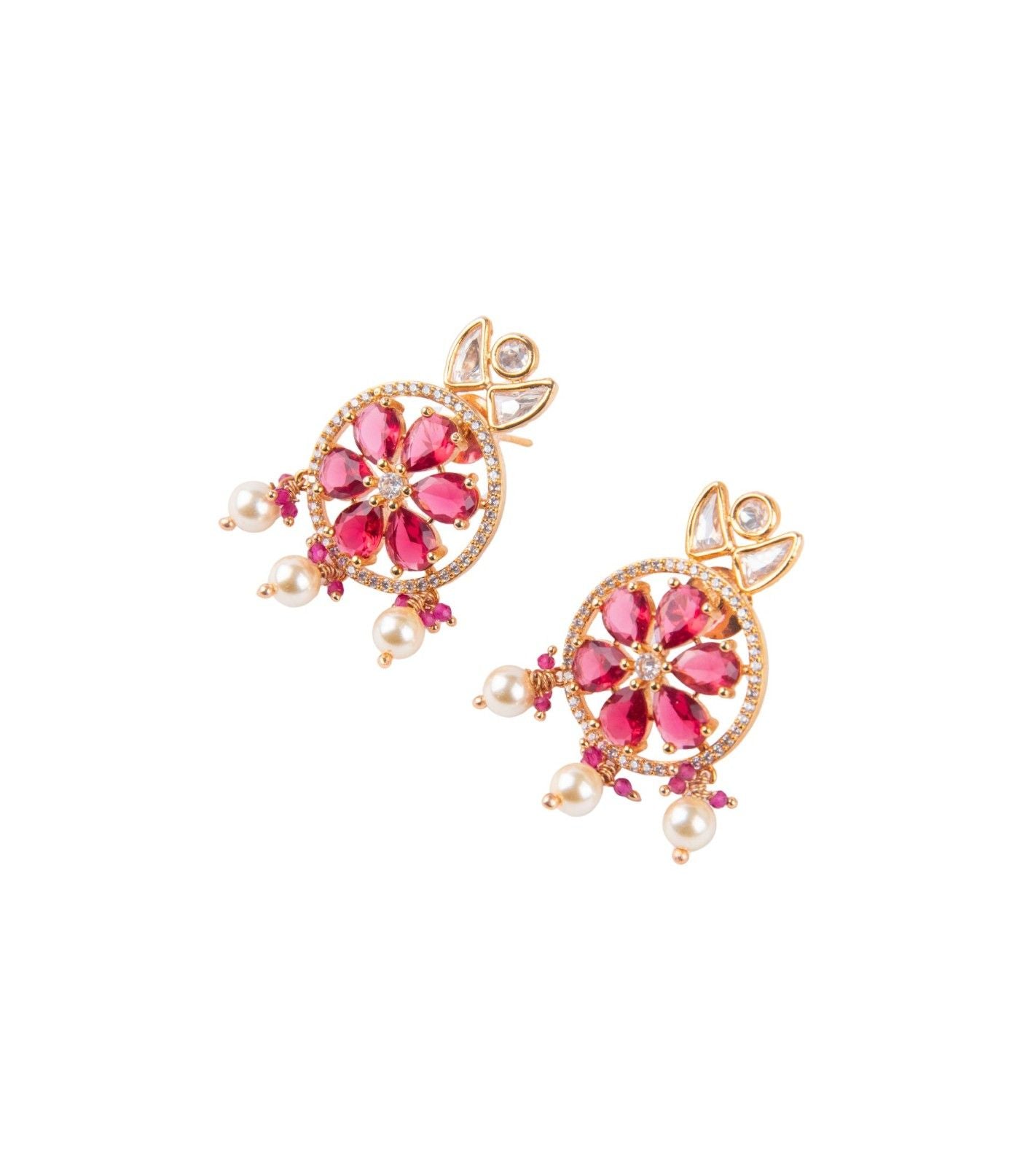 Gold-toned floral kundan earrings with pink center stones and dangling pearls