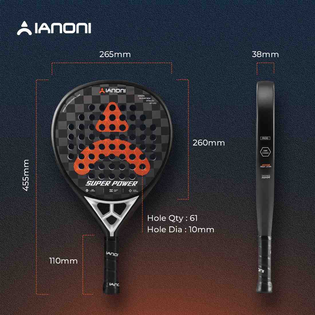 Premsons® 18K Carbon Fiber Super Power Padel Racket – Premium Power, Spin & Control - Black & Orange
