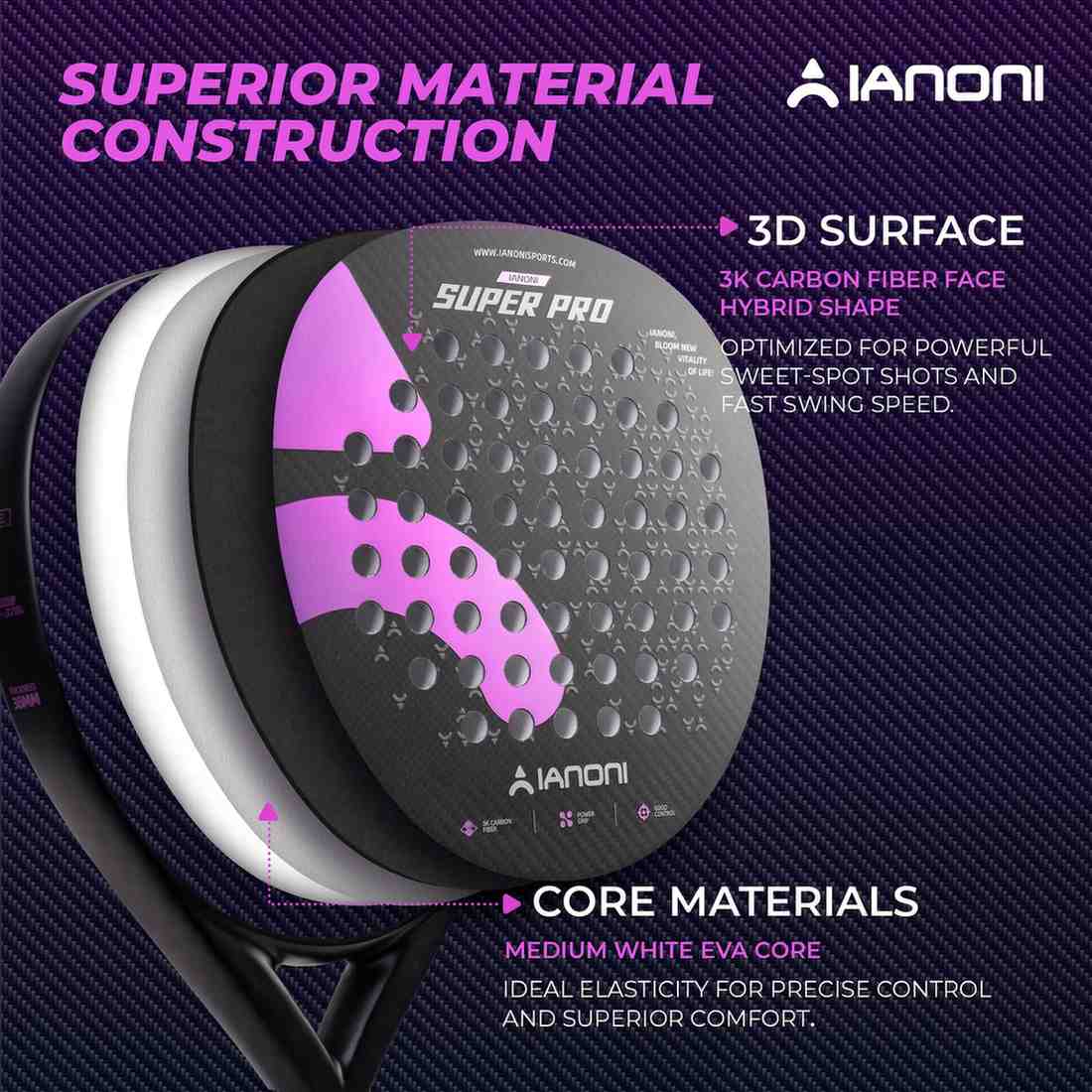 Premsons® Super Pro 3K Carbon Fiber Padel Racket – 3D Surface Control & Power Paddle with EVA Core - Black & Purple