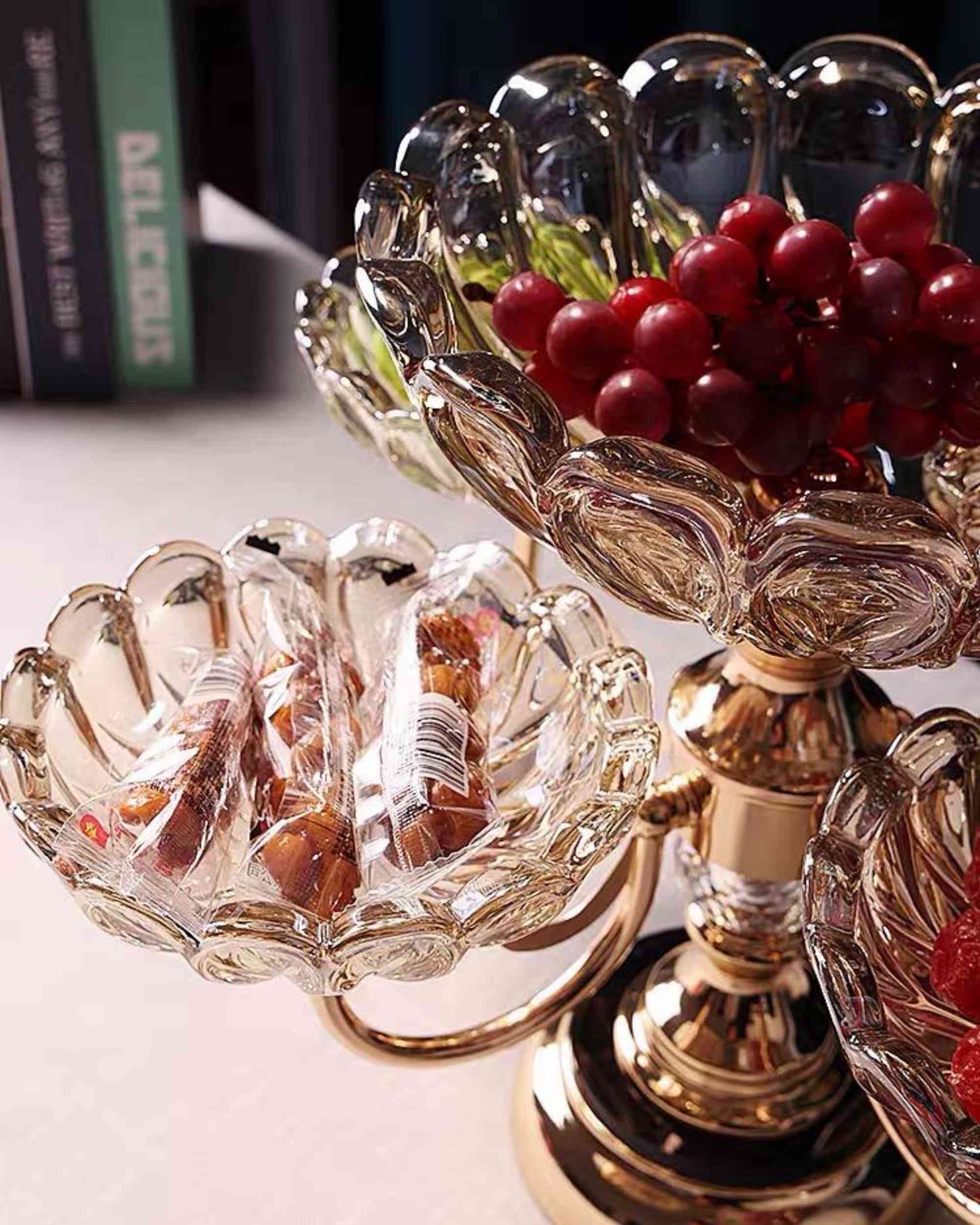 Premsons® Tiered Luxe Serving Stand – Metal & Glass Tray Organiser – Black & Gold